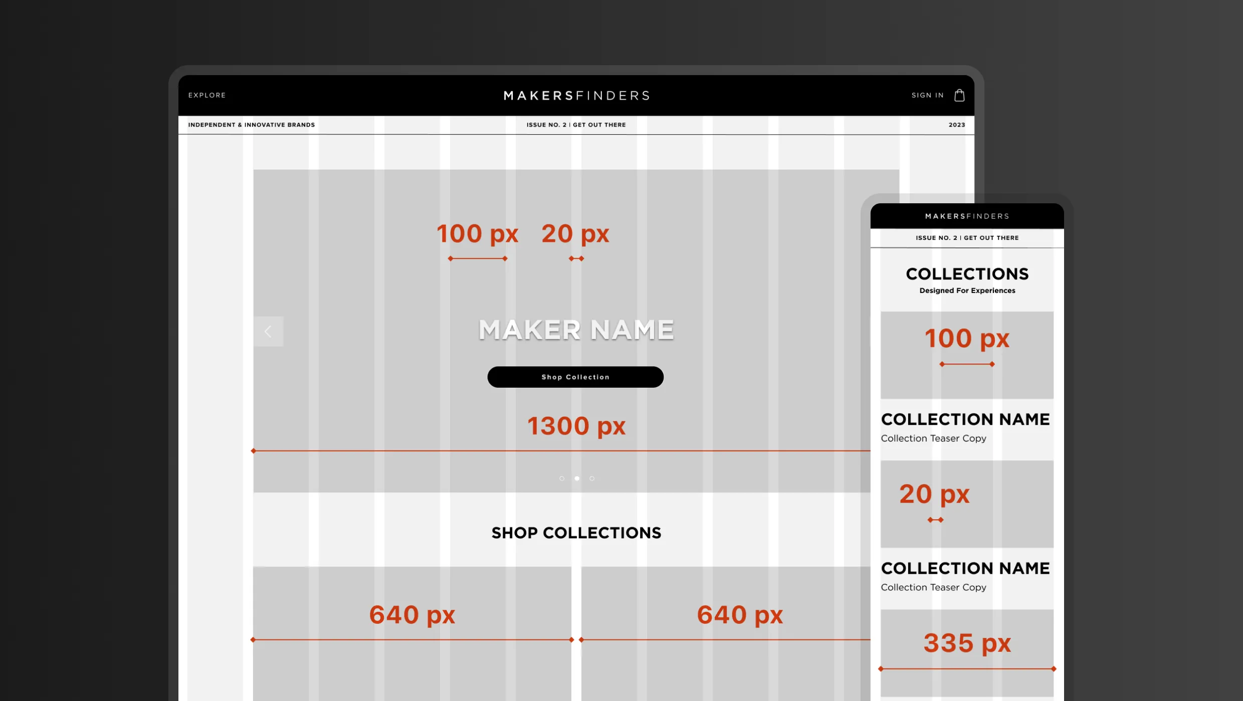 Wireframe of a responsive website layout grid used in MakersFinders design