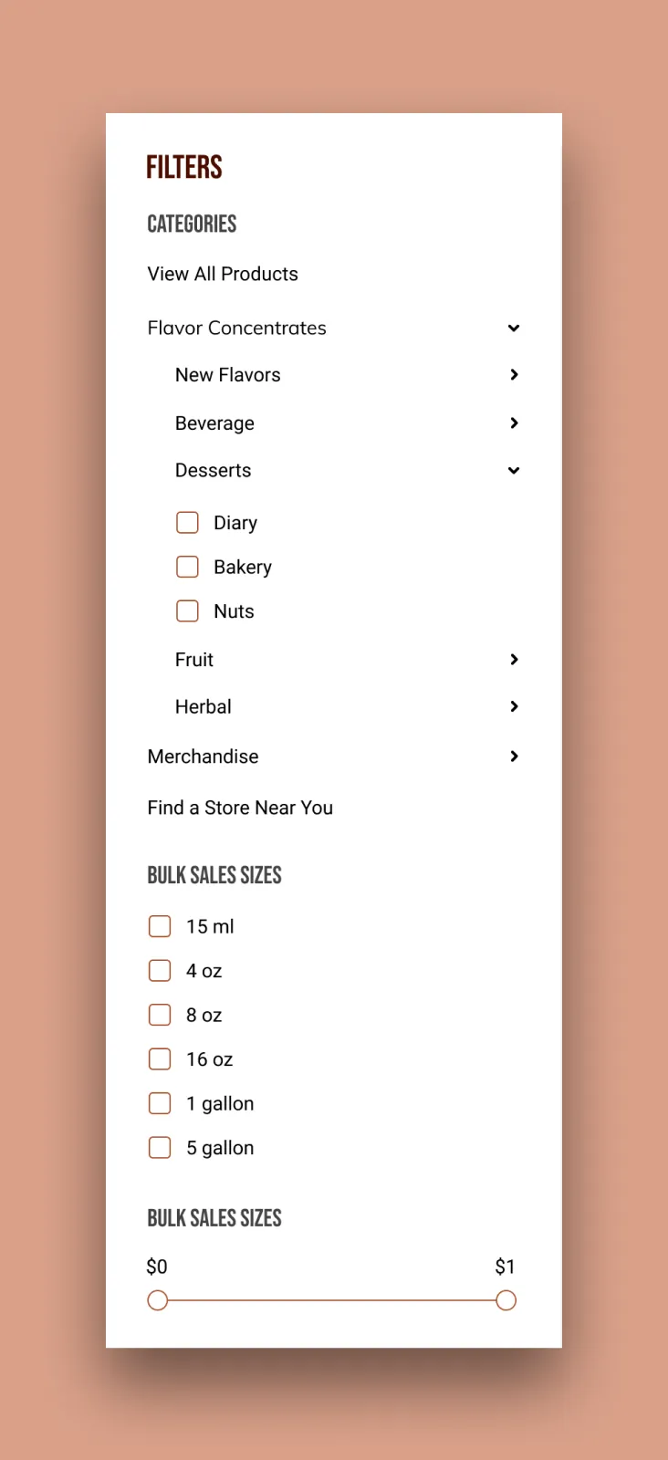 Mobile site menu interface for Flavorah displayed on a soft pink background
