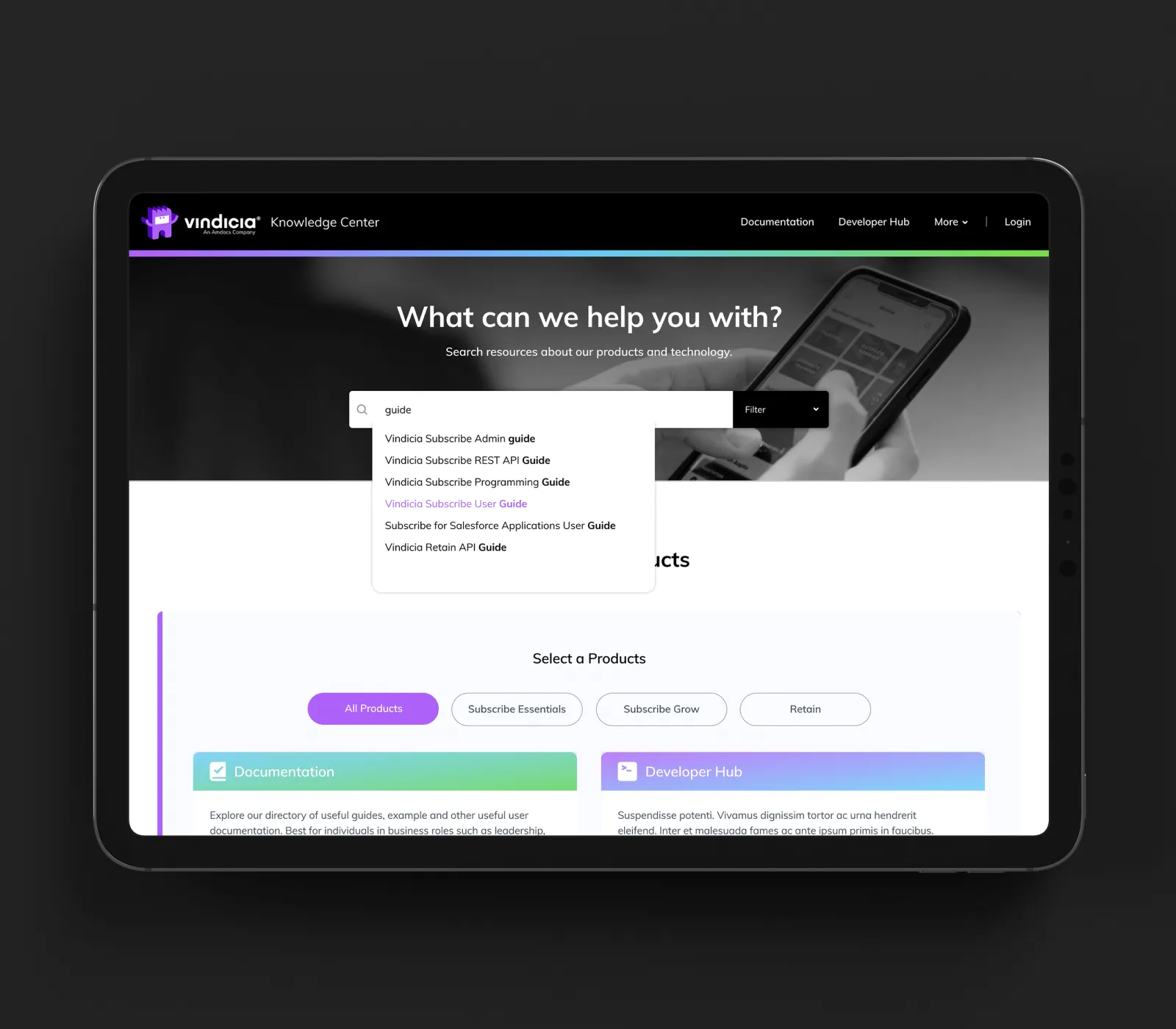Search and help UI interface with form field and categorized options