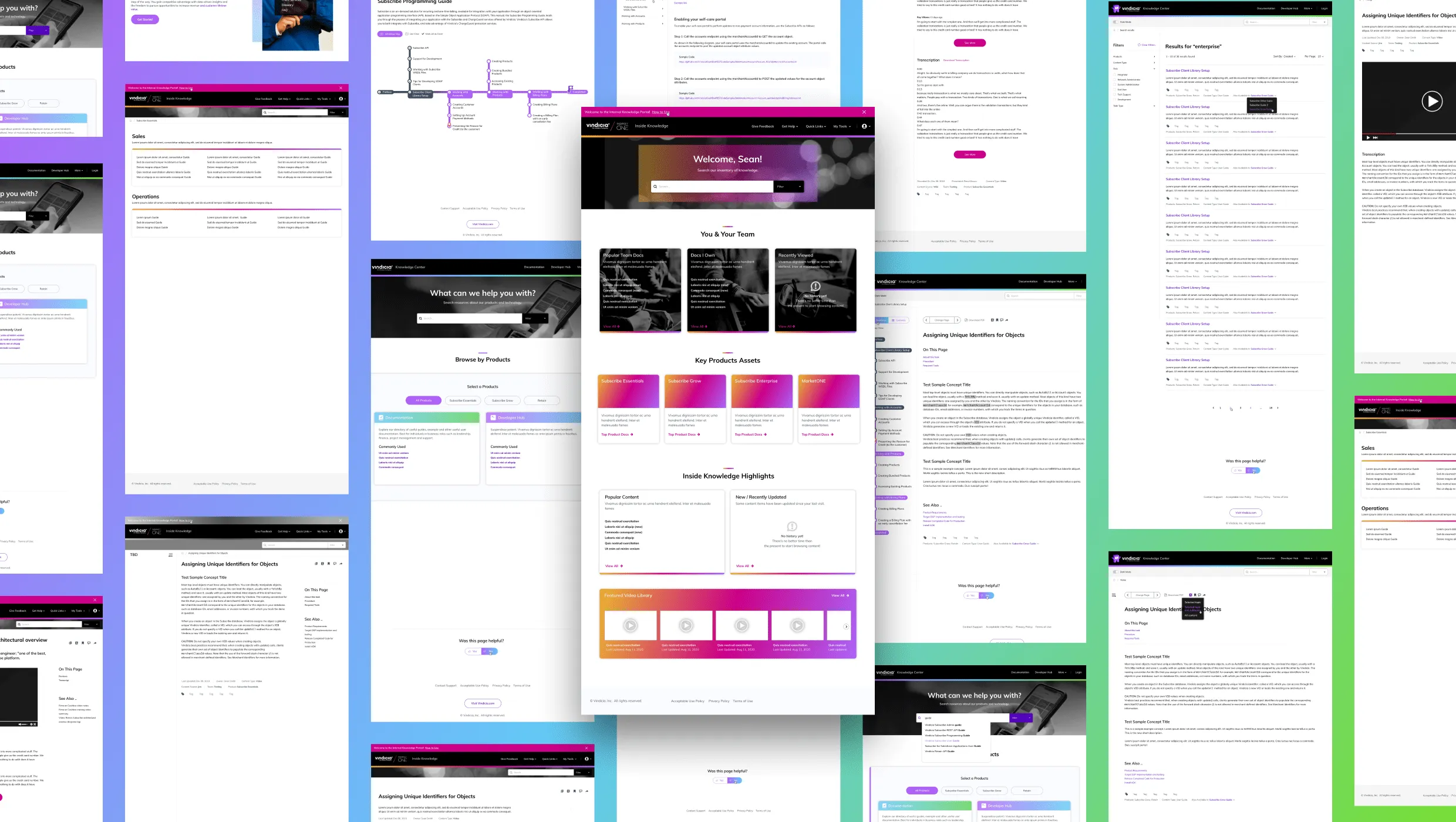 Full-page UI mockup screens showcasing different layout states and templates