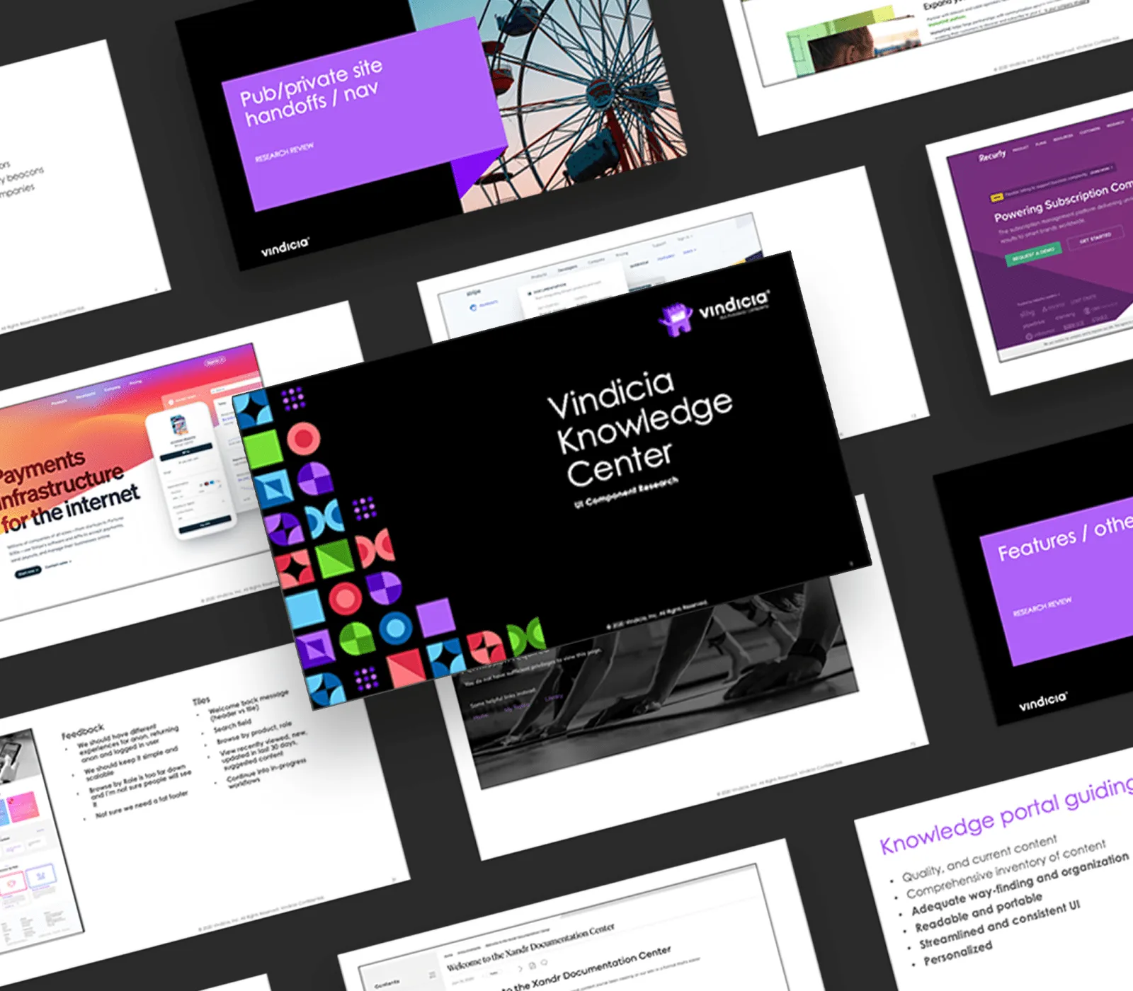 Grid of product UI mockups and documentation samples in a clean, editorial layout