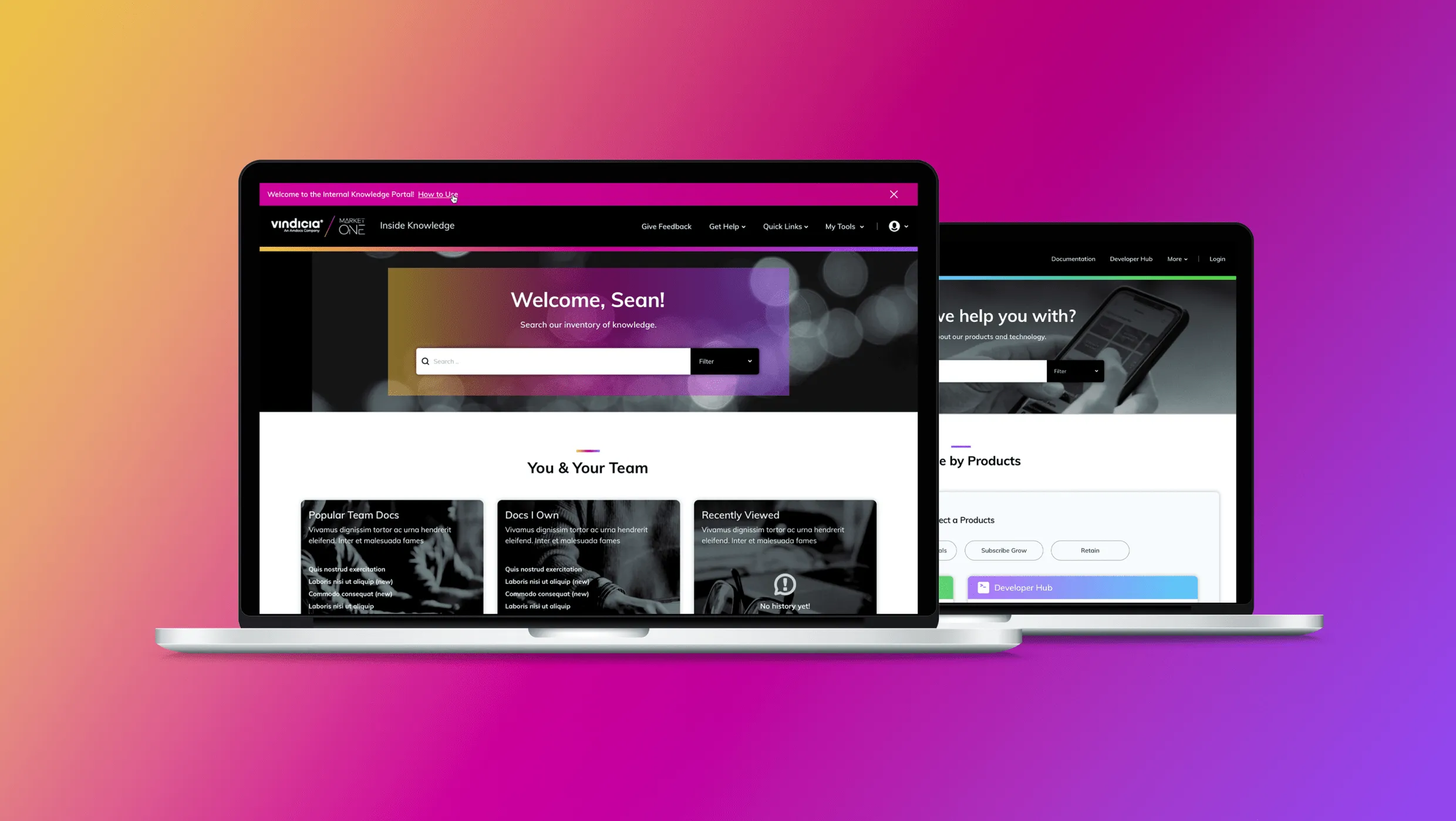 Gradient purple-pink hero layout showcasing responsive web design across laptop, tablet, and mobile