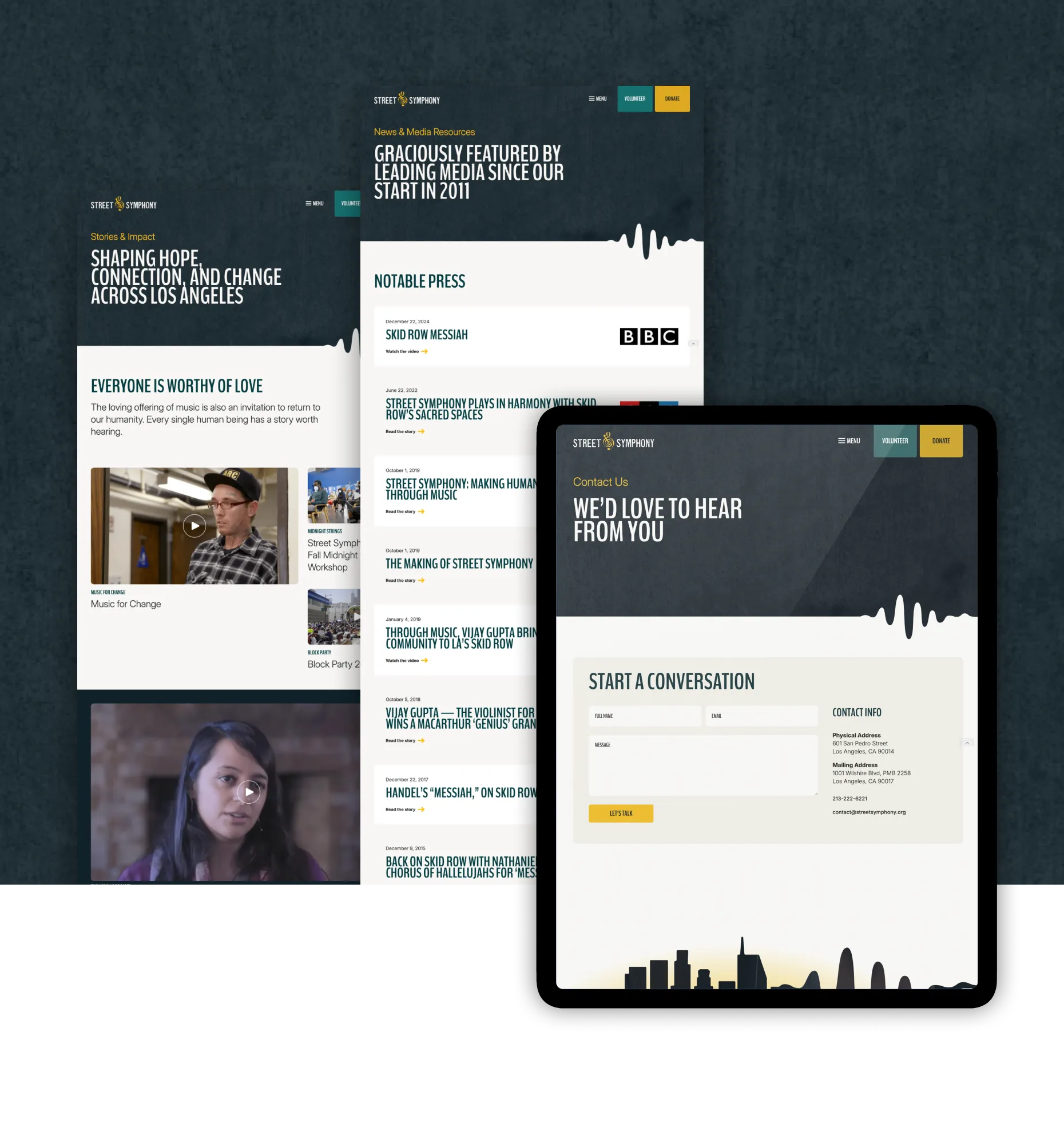 Collection of tablet screens from Street Symphony's website