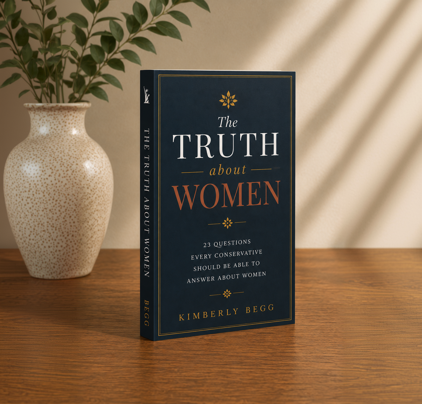 The Truth About Women book standing on a table beside a vase