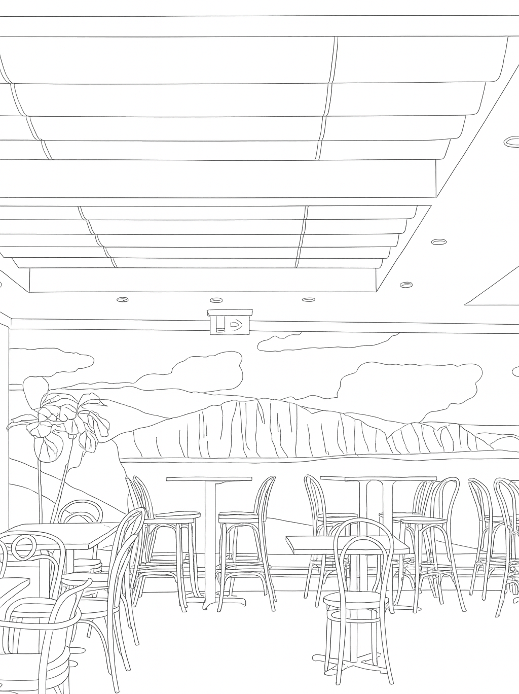 Sketch of the Indoor conservatory dining room at The Lord Dudley Hotel with Living Alfresko Roman shading.