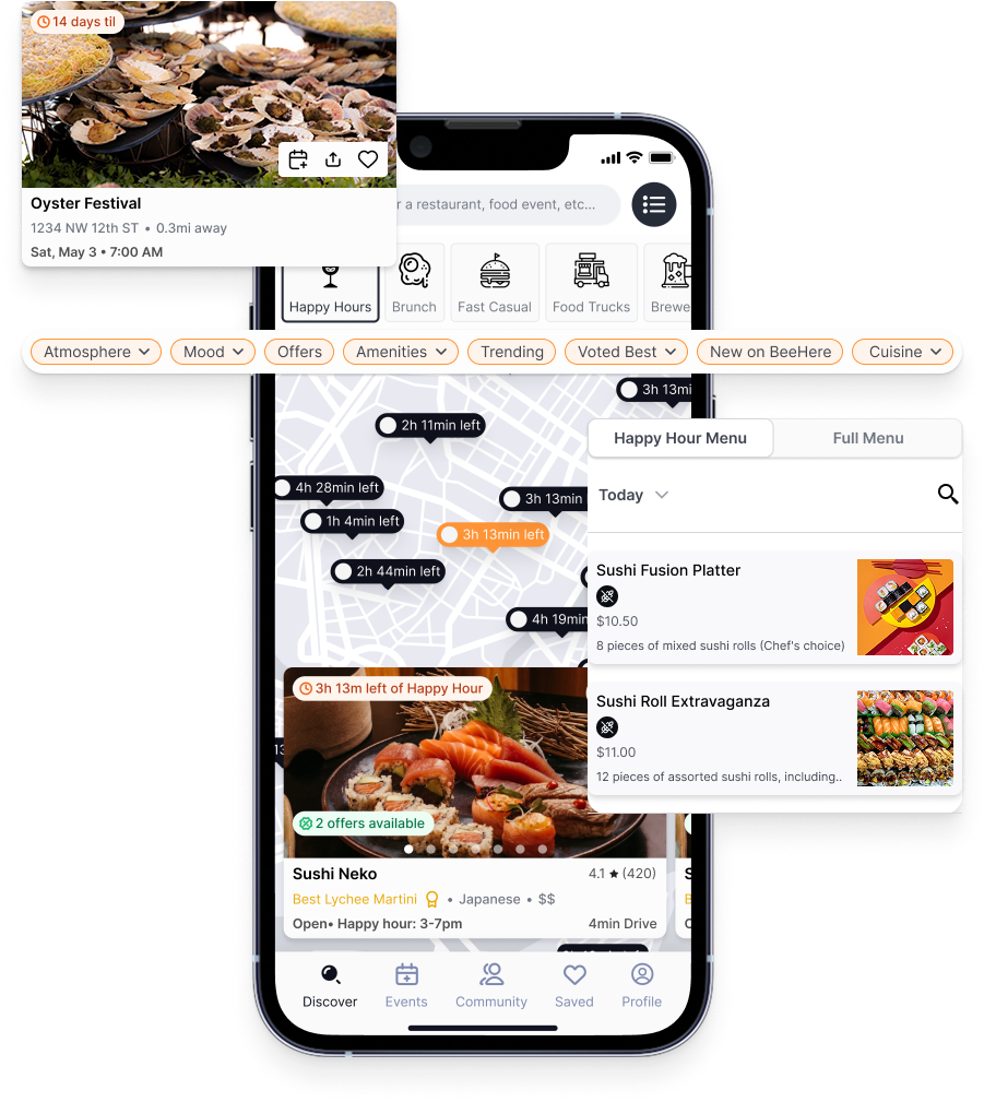 A mockup of an iPhone 15 with the discover screen of the BeeHere app and edition visual elements of the interactive menu from restaurants, and an example of what a food/drink event looks like when users explore in the app.