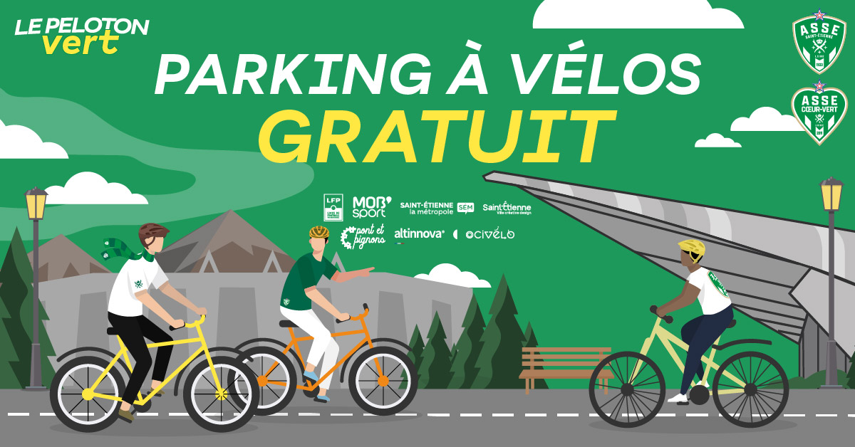 visuel promotionnel de l’AS Saint-Etienne annonçant la mise à disposition d’un parking à vélos gratuit les soirs de match 