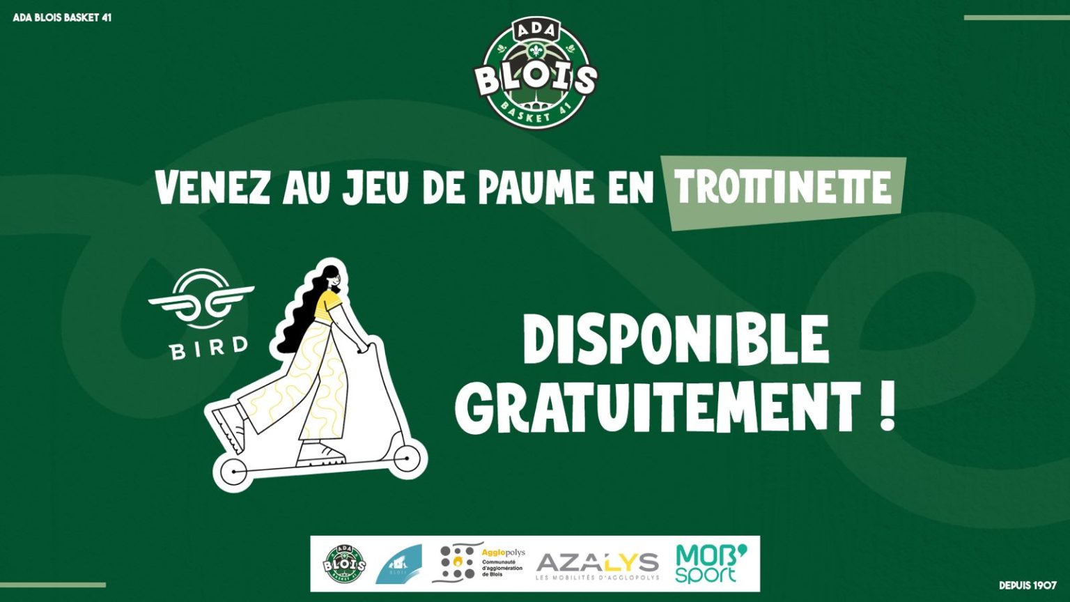 visuel promotionnel de l’ADA Blois Basket pour promouvoir la gratuité des trottinettes Bird les soirs de match