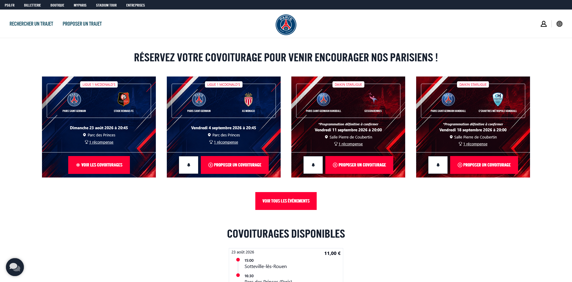 Plateforme de covoiturage du Paris Saint-Germain permettant de rechercher ou proposer un trajet pour assister aux matchs de football et de handball.