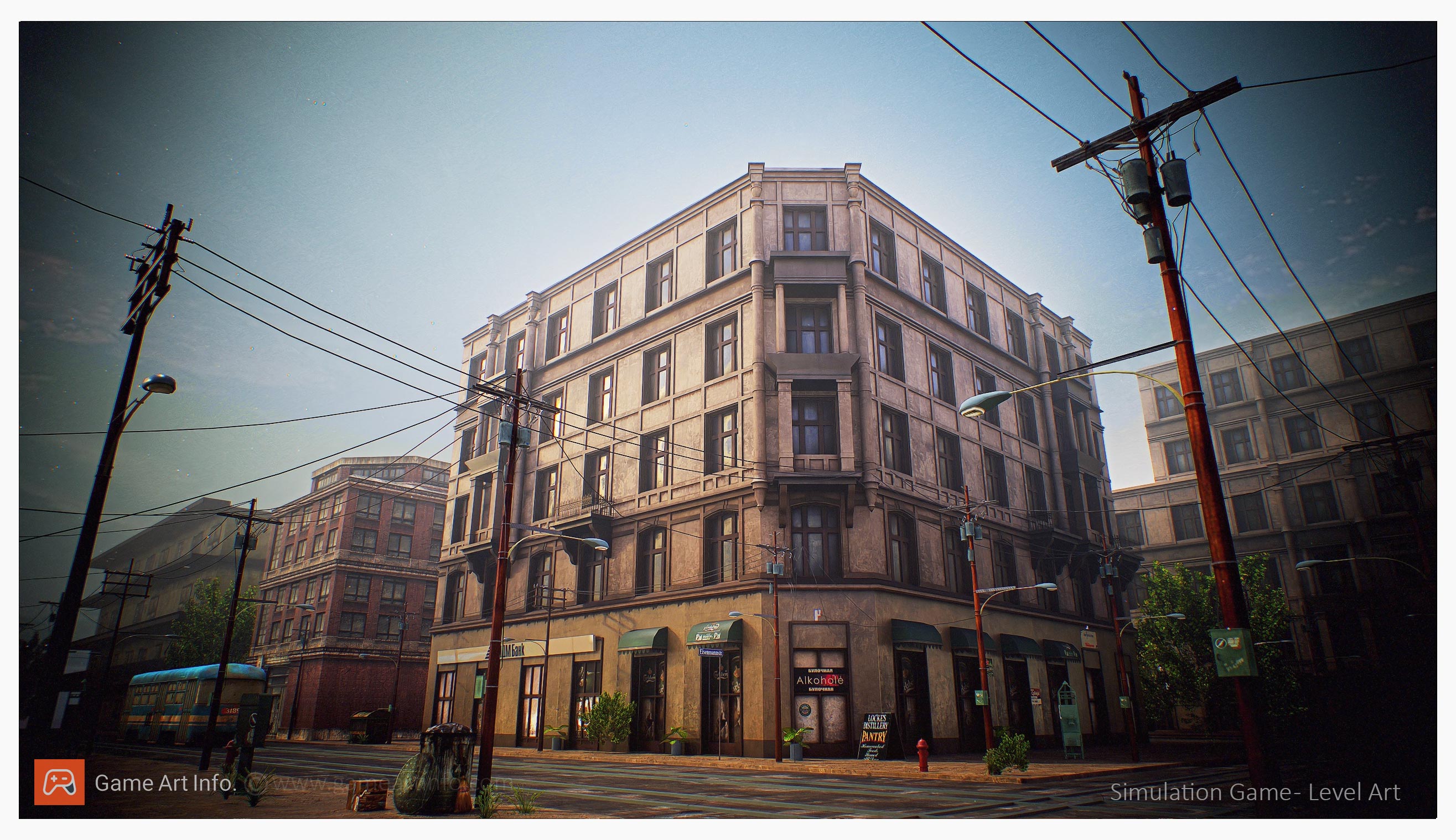 Multi-story corner building with shops and signage, surrounded by street lamps, utility poles, and power lines under a clear sky.