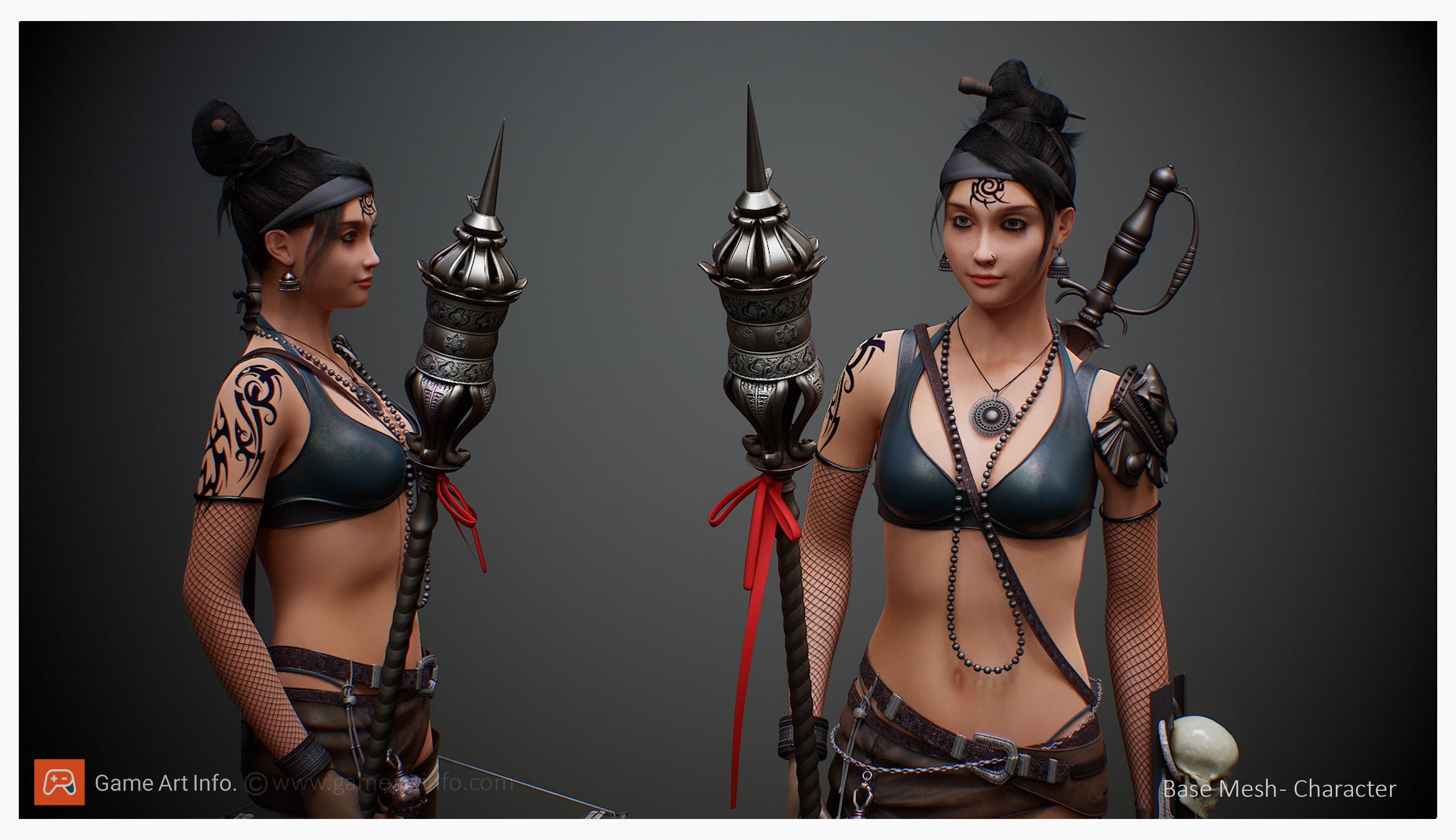 3D digital character model of a woman with black hair in a bun, tribal tattoos on her arm and forehead, wearing a dark top, fishnet sleeves, and holding a decorated staff with a sharp metal tip tied with red ribbons.