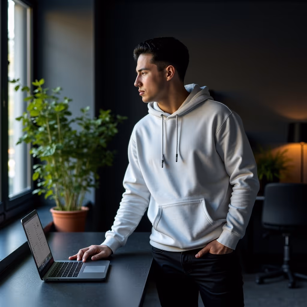 Een online marketeer die naar buiten kijkt.