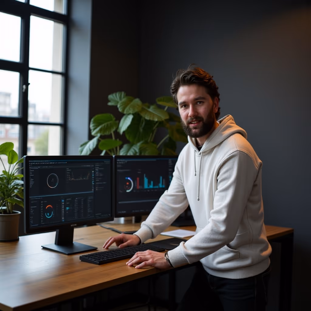 Online marketeer die in de camera kijkt terwijl die de resultaten van zijn klanten op de achtergrond heeft staan.