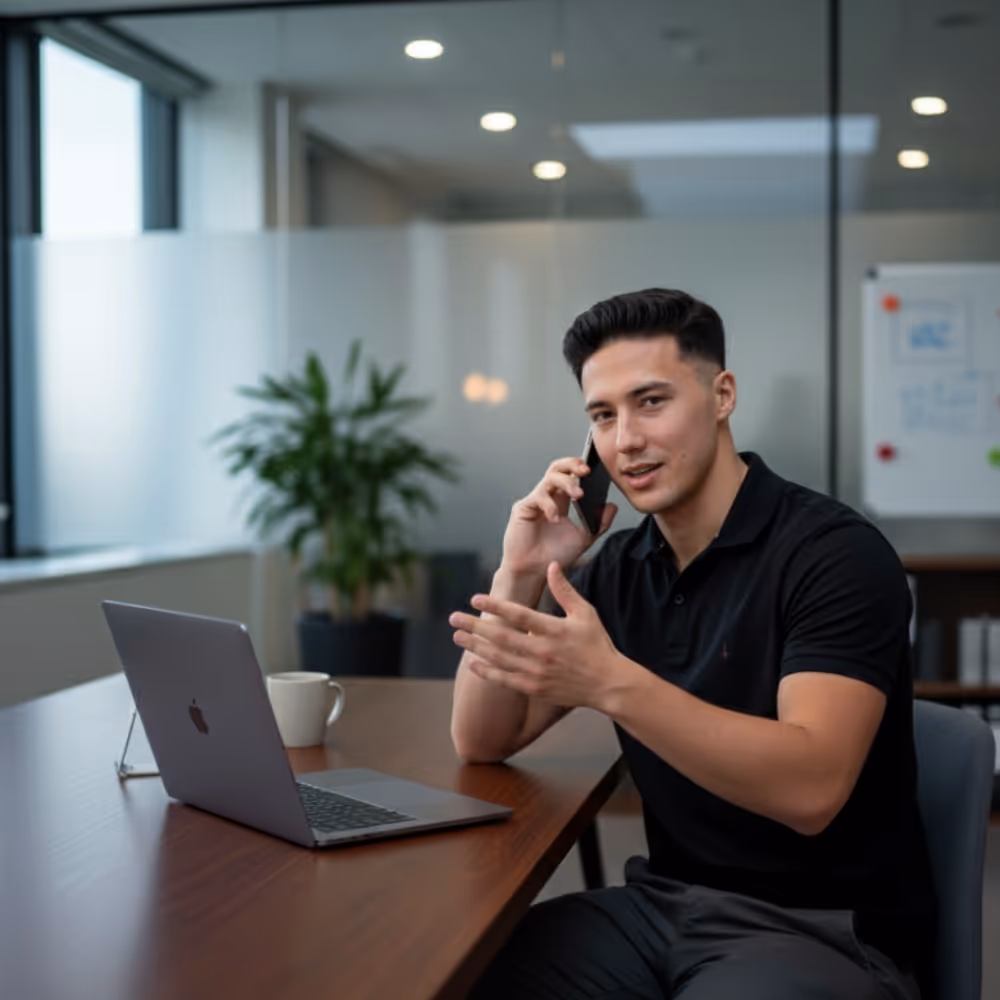 Man zit aan tafel met een laptop en mok, en spreekt op een mobiele telefoon in een kantooromgeving.