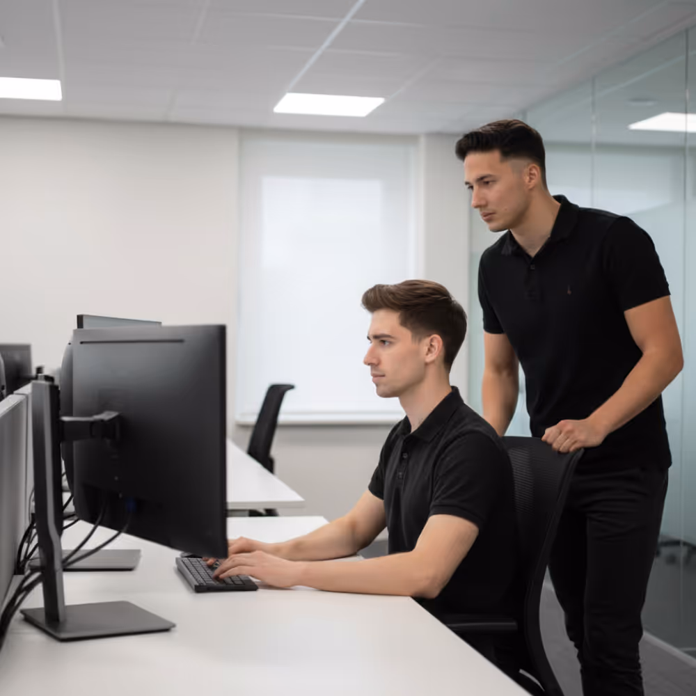 Twee jonge mannen in zwarte polo's werken samen bij een computer in een modern kantoor.