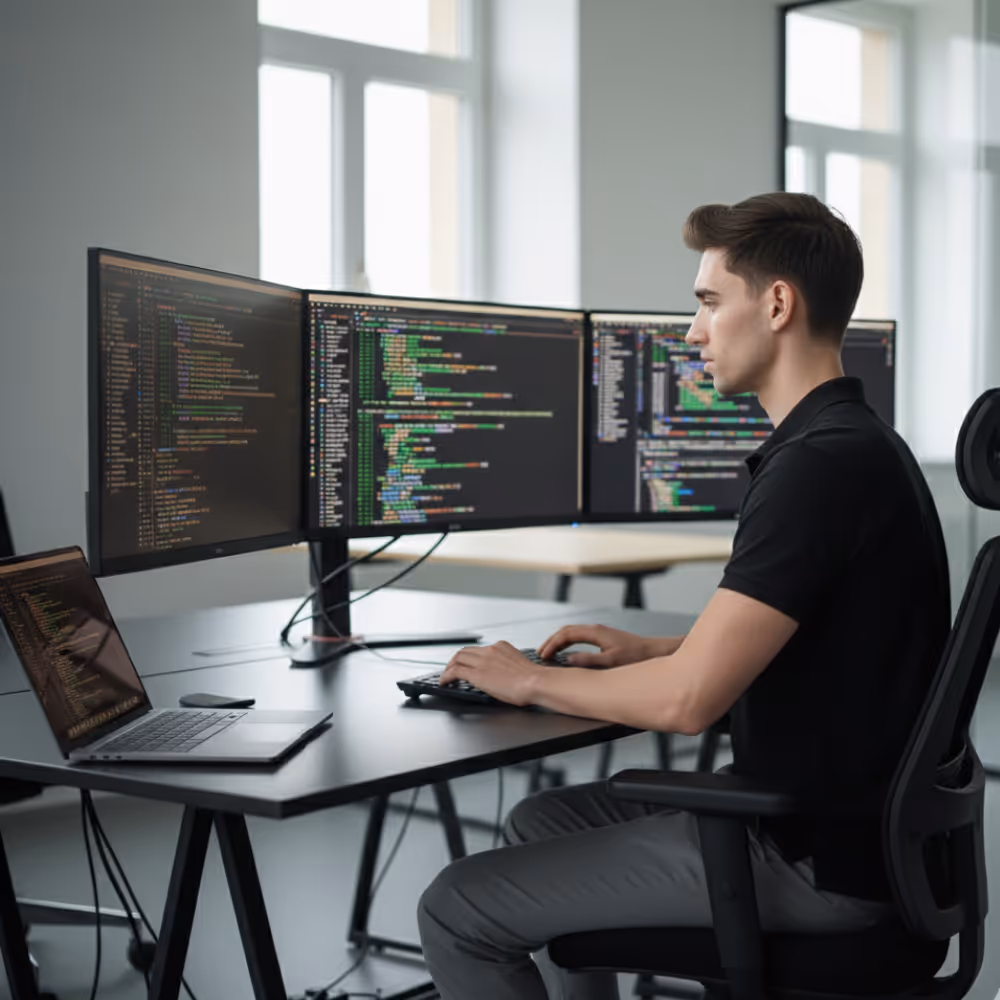 Man zit in moderne kantoorruimte en werkt geconcentreerd op programmeercode op drie grote computerschermen.