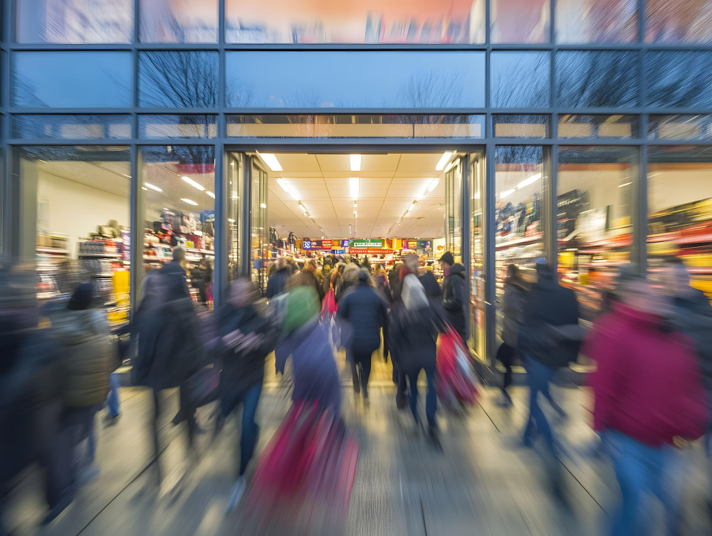 Foto van een druk winkelcentrum op Black Friday.