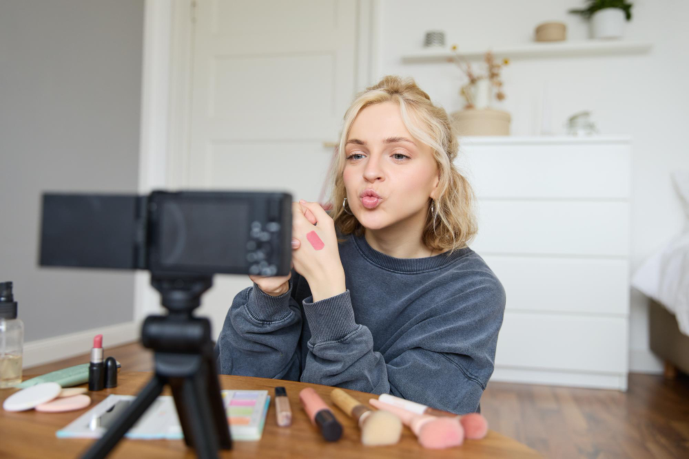UGC creator probeert een roze lipstick uit en blaast een kusje naar de camera tijdens het opnemen van een beautyvideo.