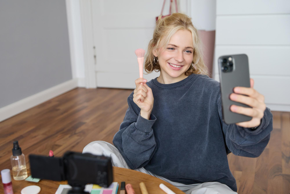 UGC creator zit op de grond met make-up voor zich en poseert lachend met een kwast in haar hand terwijl ze een selfie maakt met haar smartphone.