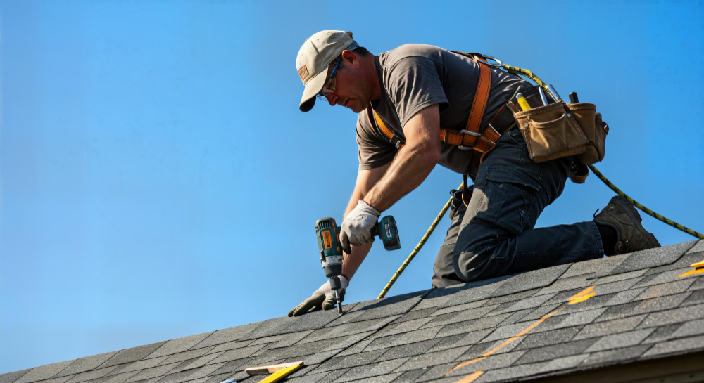 AI afbeelding van een man met veiligheidsuitrusting die op een dak werkt en dakshingles vastzet met een boormachine onder een heldere blauwe lucht.