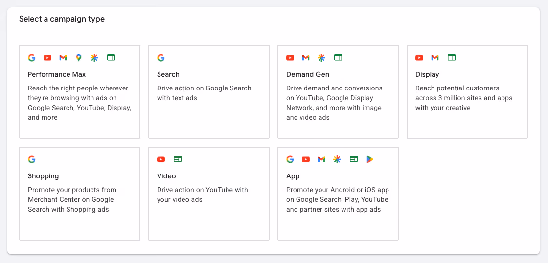 Google Ads-scherm met beschikbare campagnetypen zoals Performance Max, Search, Demand Gen, Display, Shopping, Video en App-campagnes.