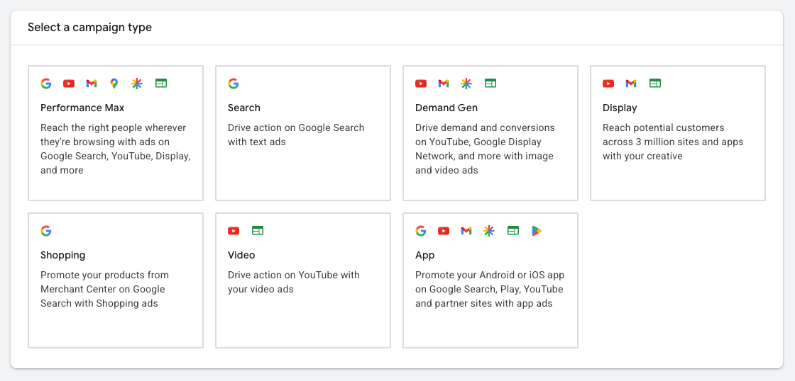 Google Ads-scherm met beschikbare campagnetypen zoals Performance Max, Search, Demand Gen, Display, Shopping, Video en App-campagnes.