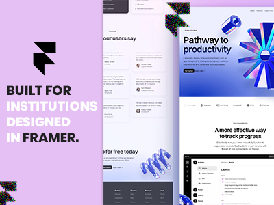 Framer logo with text 'Built for institutions designed in Framer' on a purple background and a blurred screenshot of a productivity website interface.
