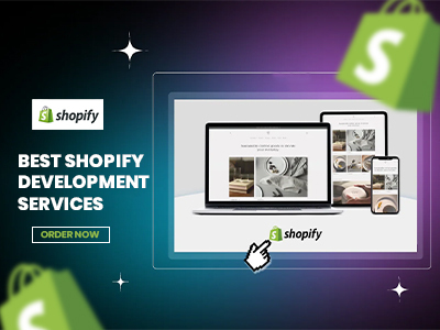 Digital ad for Shopify development services showing Shopify logo, text 'Best Shopify Development Services' and 'Order Now' button with devices displaying Shopify online store.