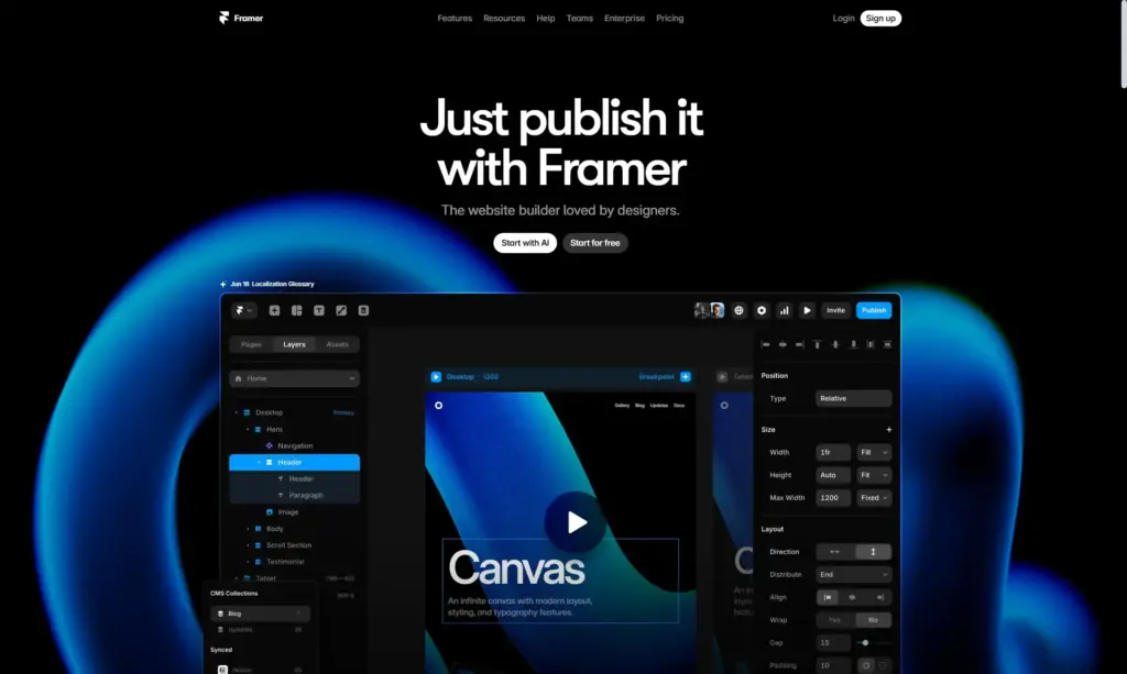 Framer website homepage showing a dark-themed interface with the text 'Just publish it with Framer' and a preview of a design tool with canvas and layout options.