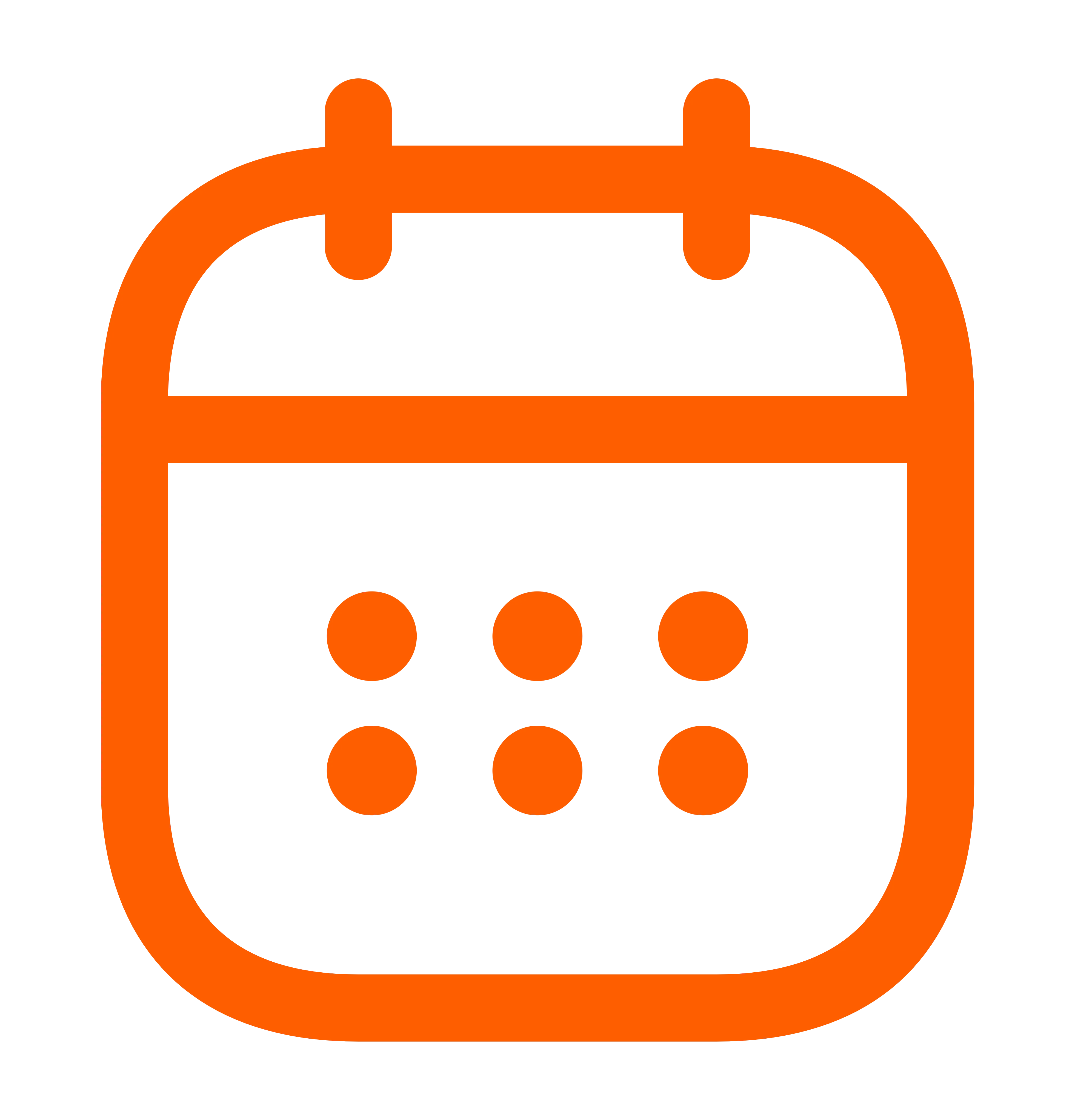 Orange calendar icon with six dots representing dates on a black background.