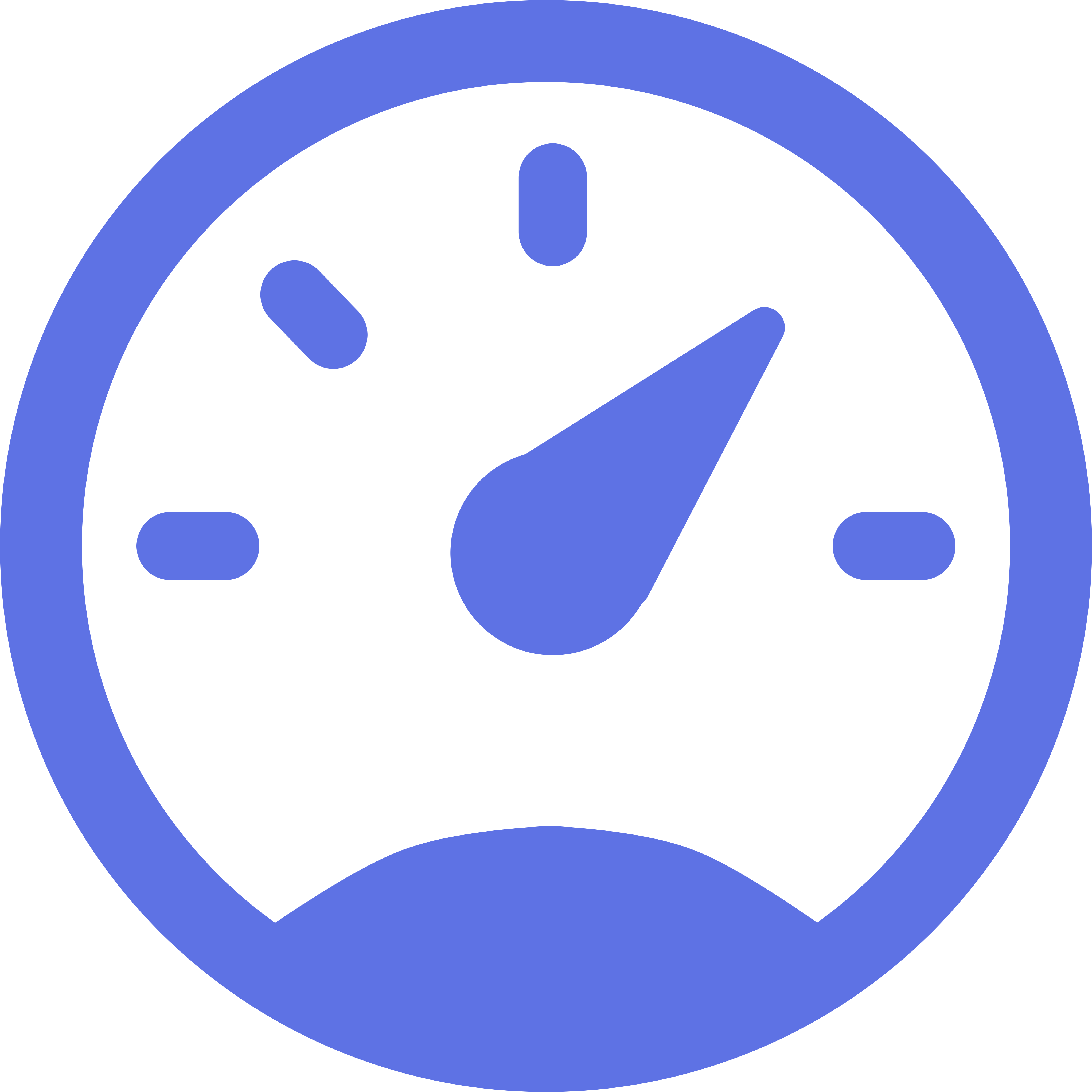 Blue and white speedometer icon with the needle pointing towards the upper right.