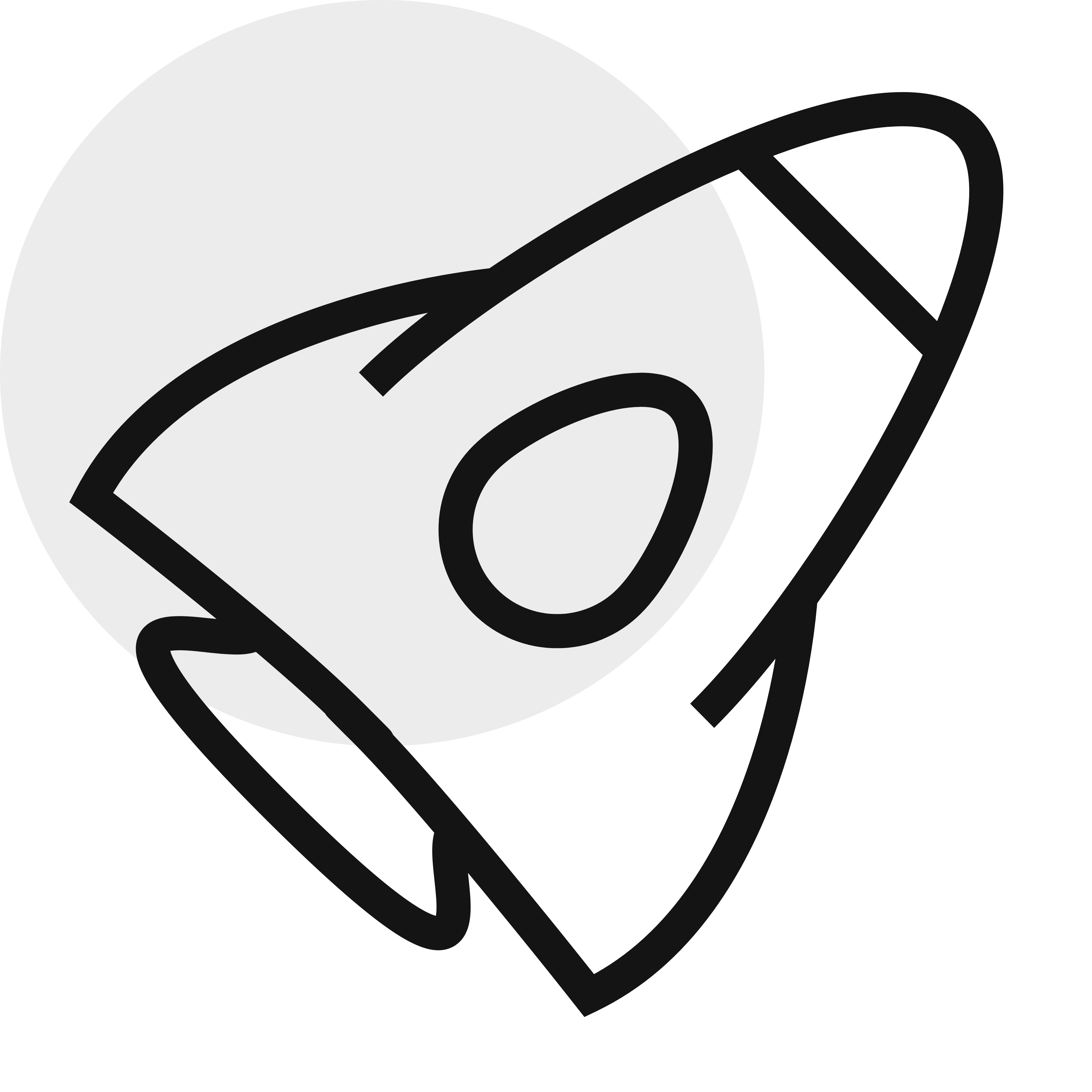 Black outline of a rocket launching in front of a dark gray planet.