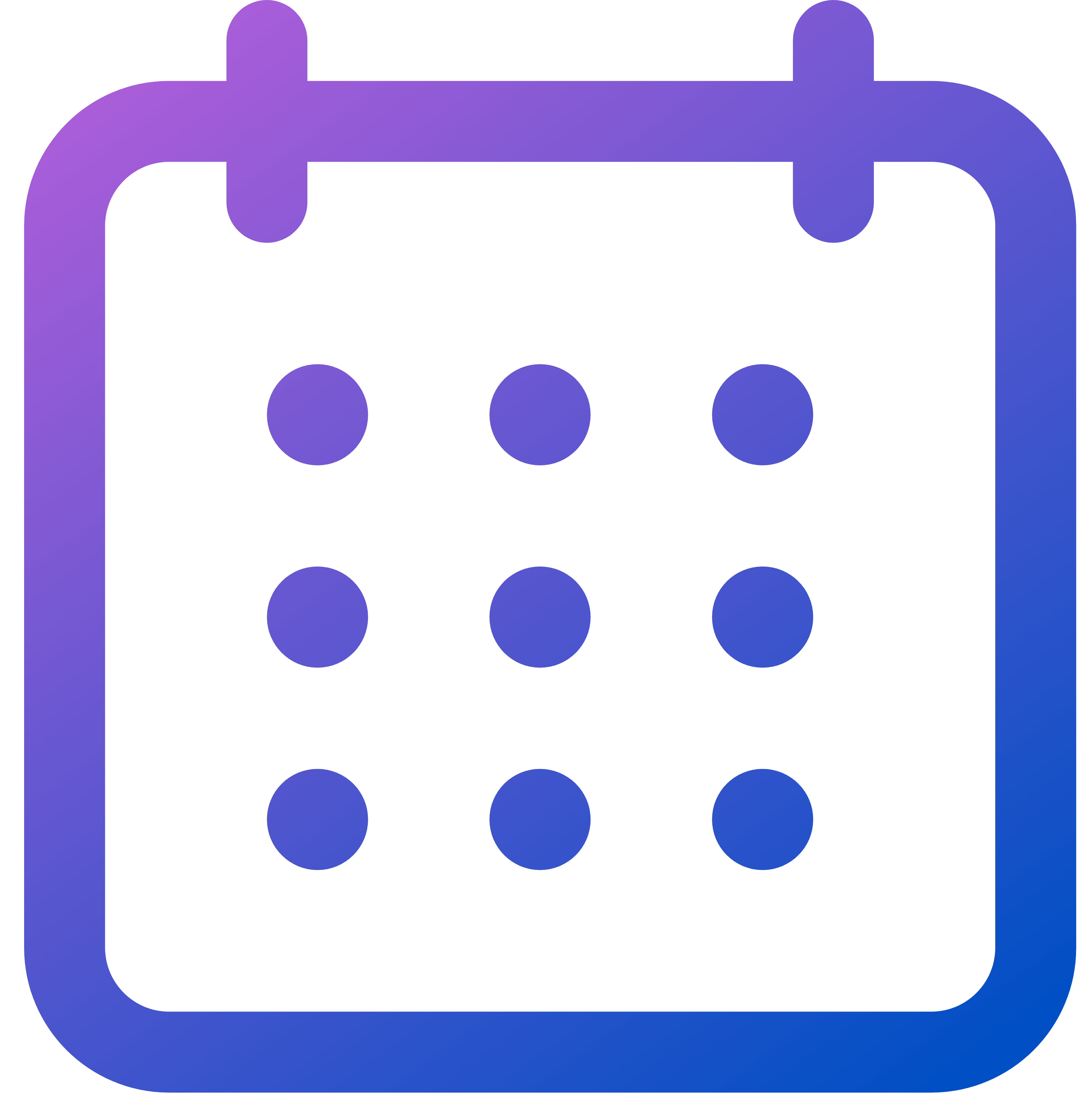 Gradient blue and purple calendar icon with nine dots representing days.