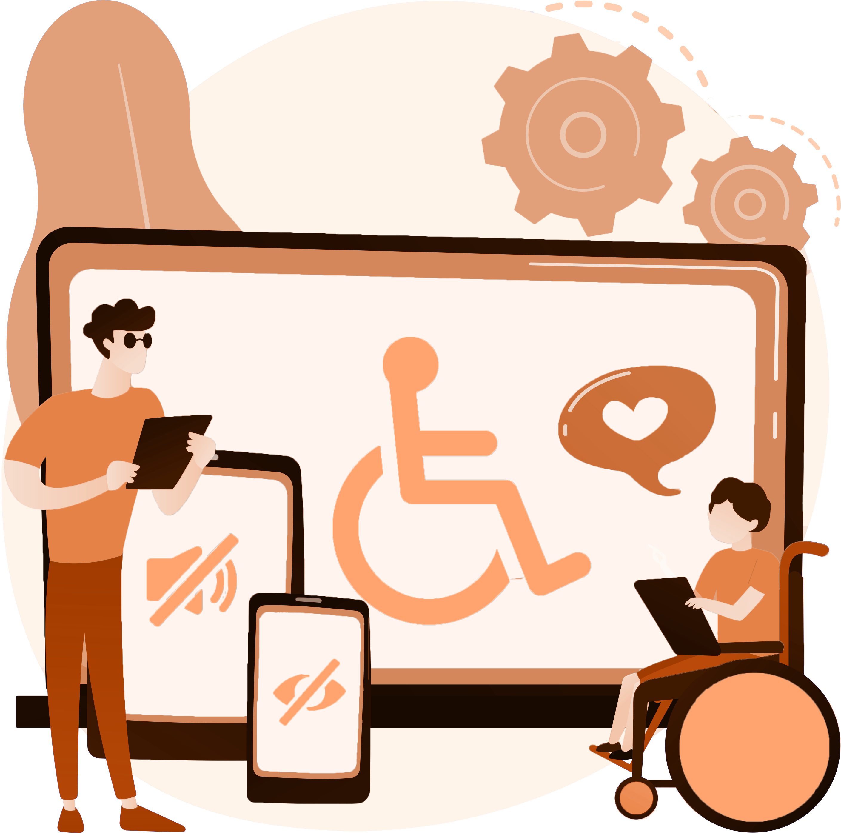 Illustration of two people with tablets, one standing and one in a wheelchair, with accessibility icons on screens including a wheelchair symbol and muted audio symbols.