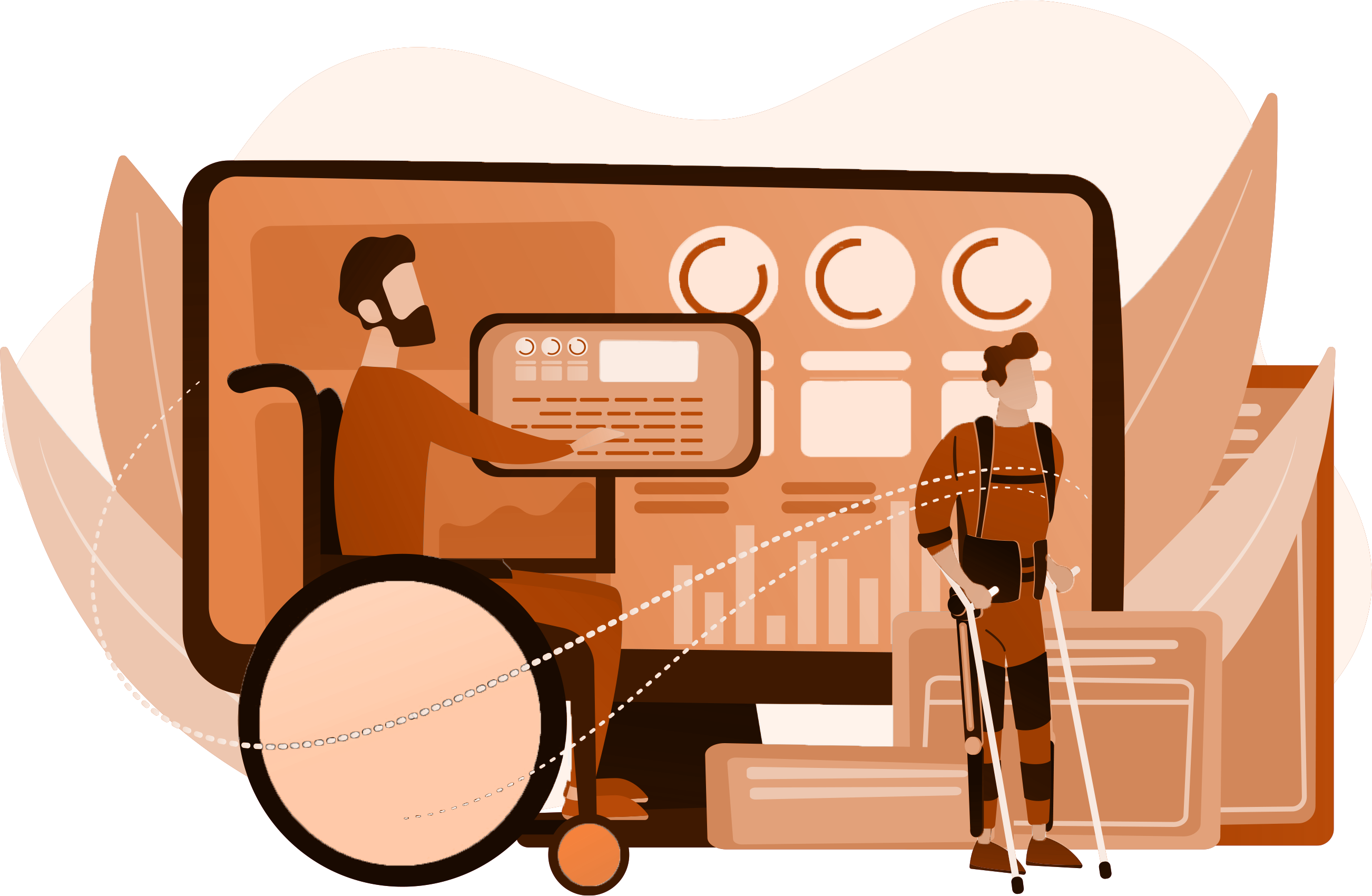 Illustration of two people with disabilities using assistive technology: one in a wheelchair interacting with a digital dashboard, and another using crutches standing nearby.