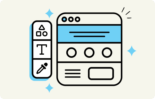 Illustration of a website window with customization tools including shapes, text, and a color picker.