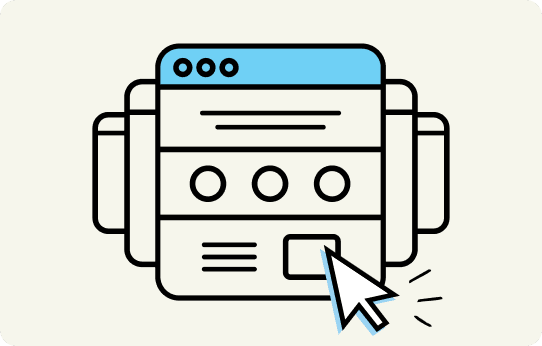 Illustration of overlapping web browser windows with a large computer cursor clicking on a button.