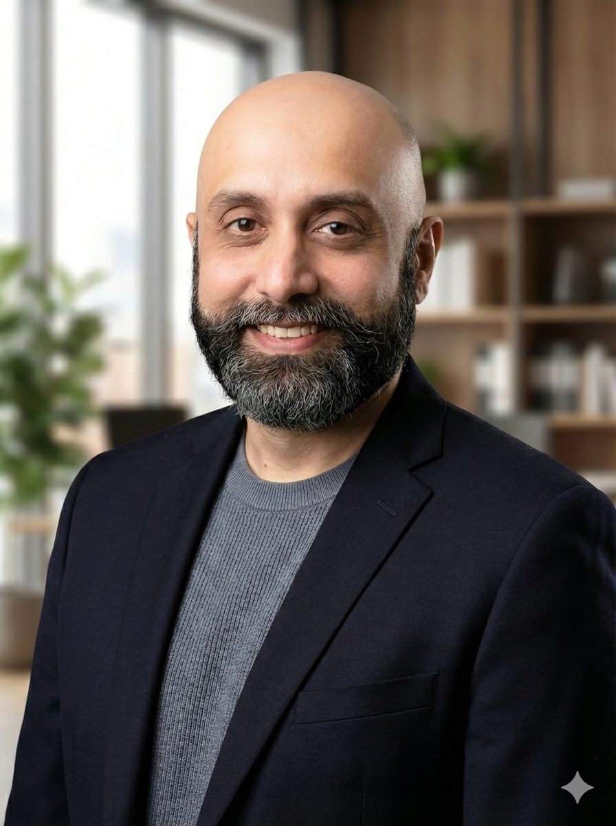 Smiling bald man with a trimmed beard wearing a black blazer and gray sweater in a modern office setting.