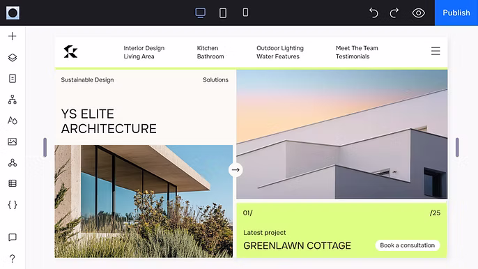 Illustration of a website window with customization tools including shapes, text, and a color picker.
