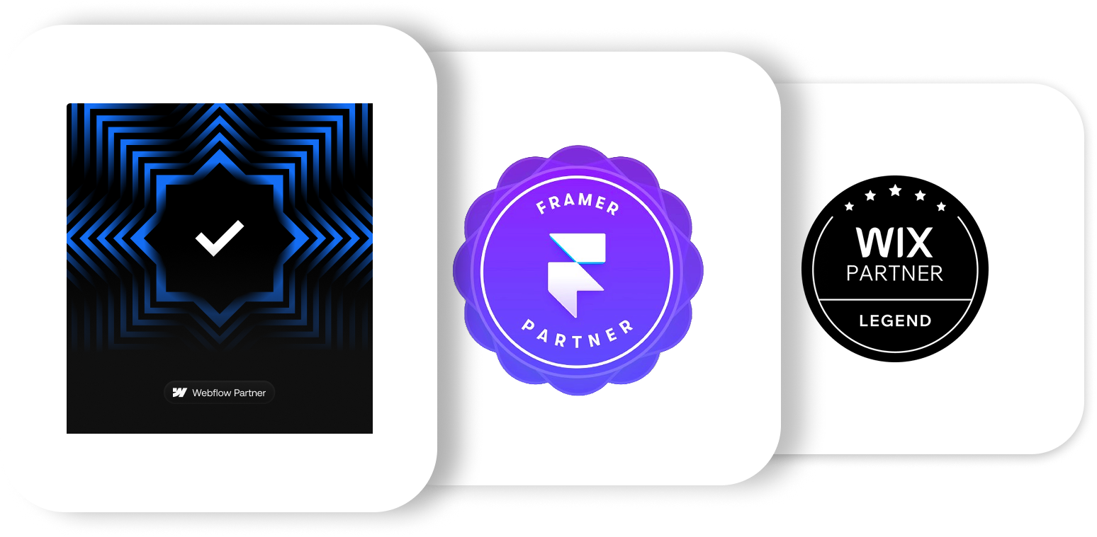 Three partner badges: Webflow Partner with a white checkmark on a black and blue geometric background, Framer Partner purple badge with stylized F logo, and Wix Partner Legend black circular badge with five stars.