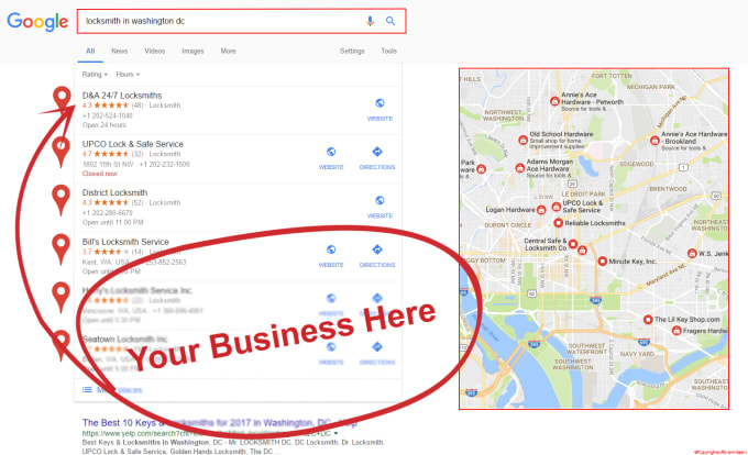Google search results for locksmith in Washington DC showing a list of locksmith businesses on the left and a map with location pins on the right, with a red oval highlighting an area labeled 'Your Business Here'.