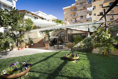 A backyard area with a lawn and potted plants.