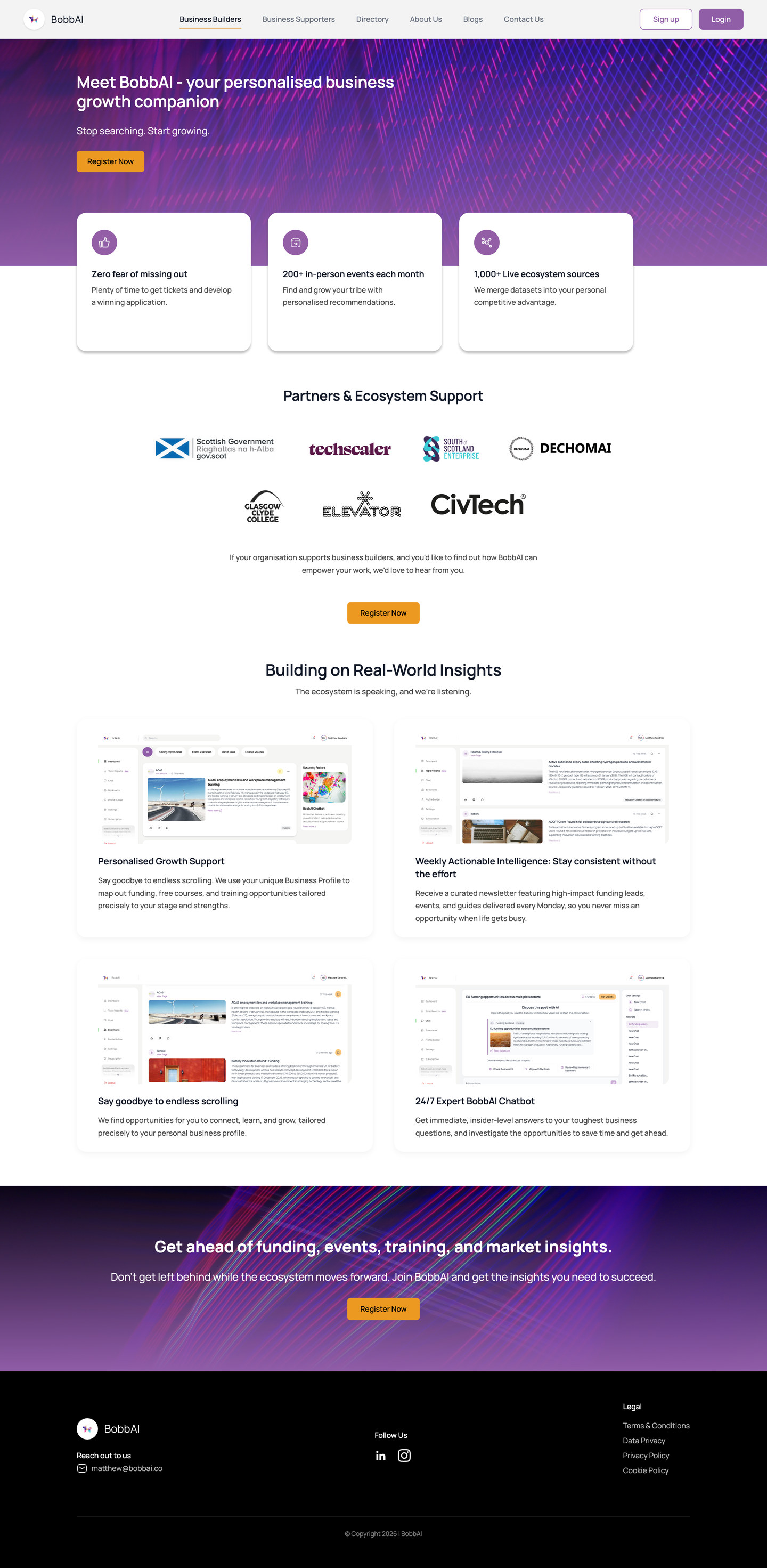 Scrolling view of the BobbAI homepage built by LOOPSIO