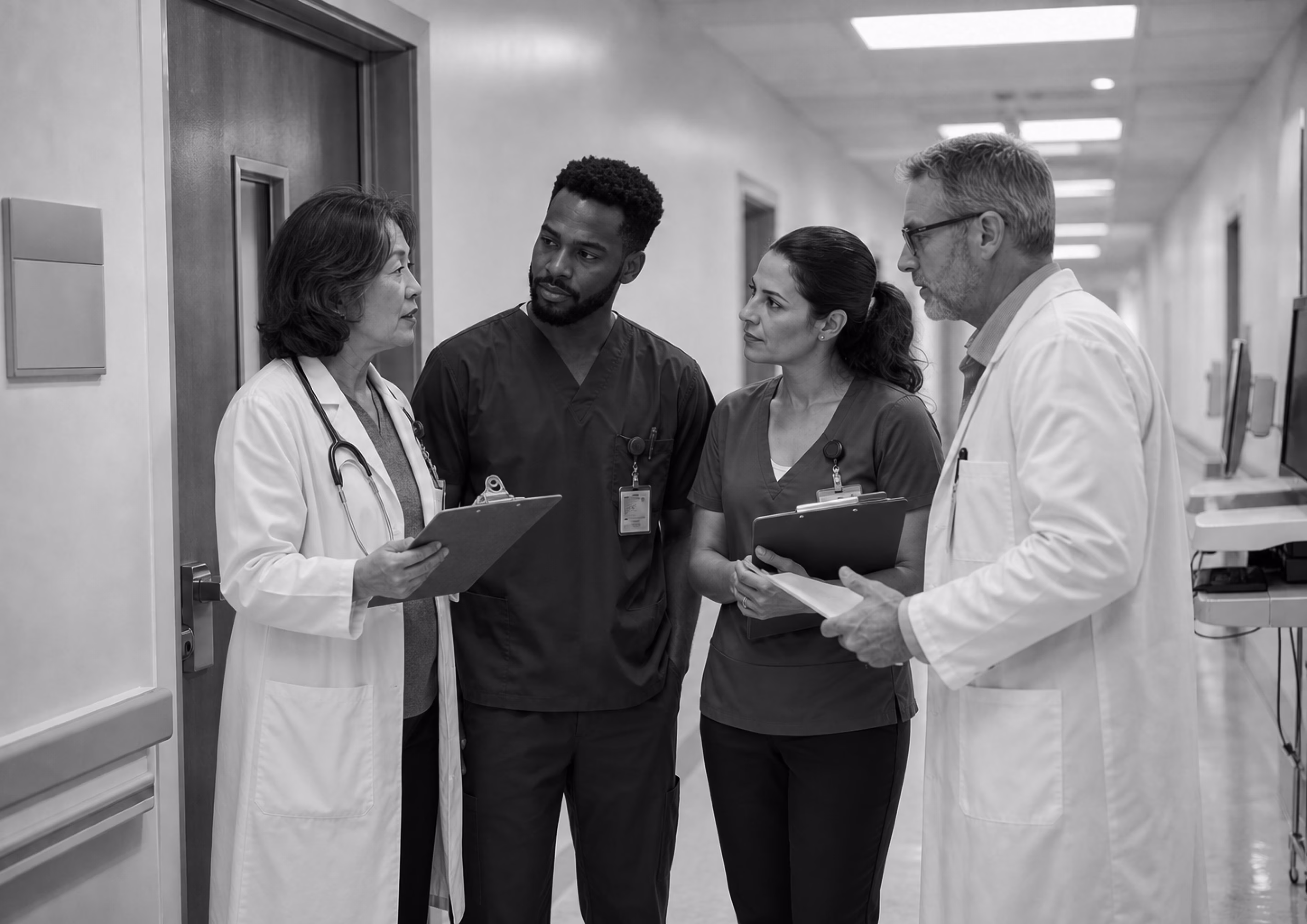 Four healthcare professionals discussing patient care in a hospital hallway.