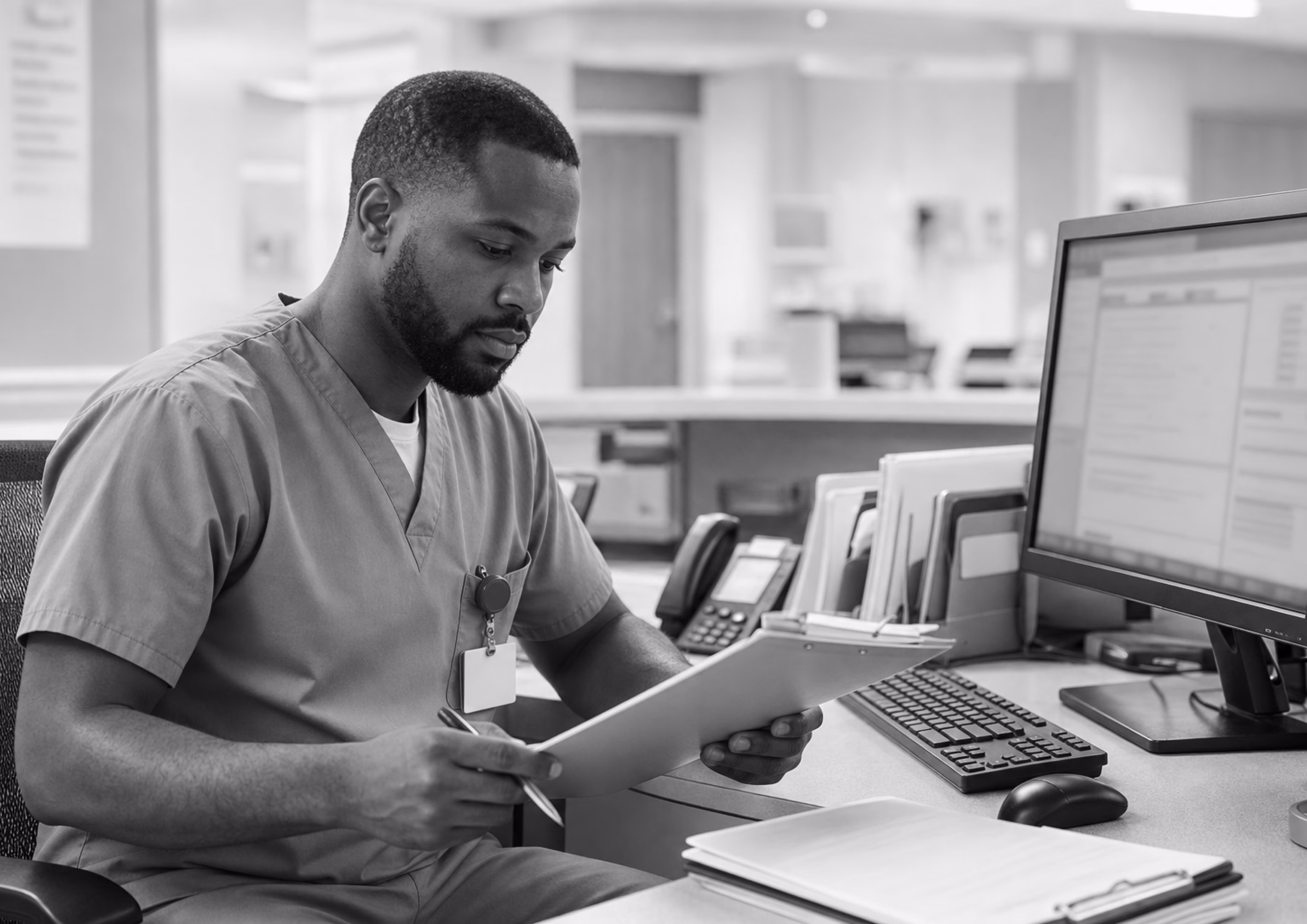 Healthcare professional reviewing paperwork at a computer in a clinical admissions office.