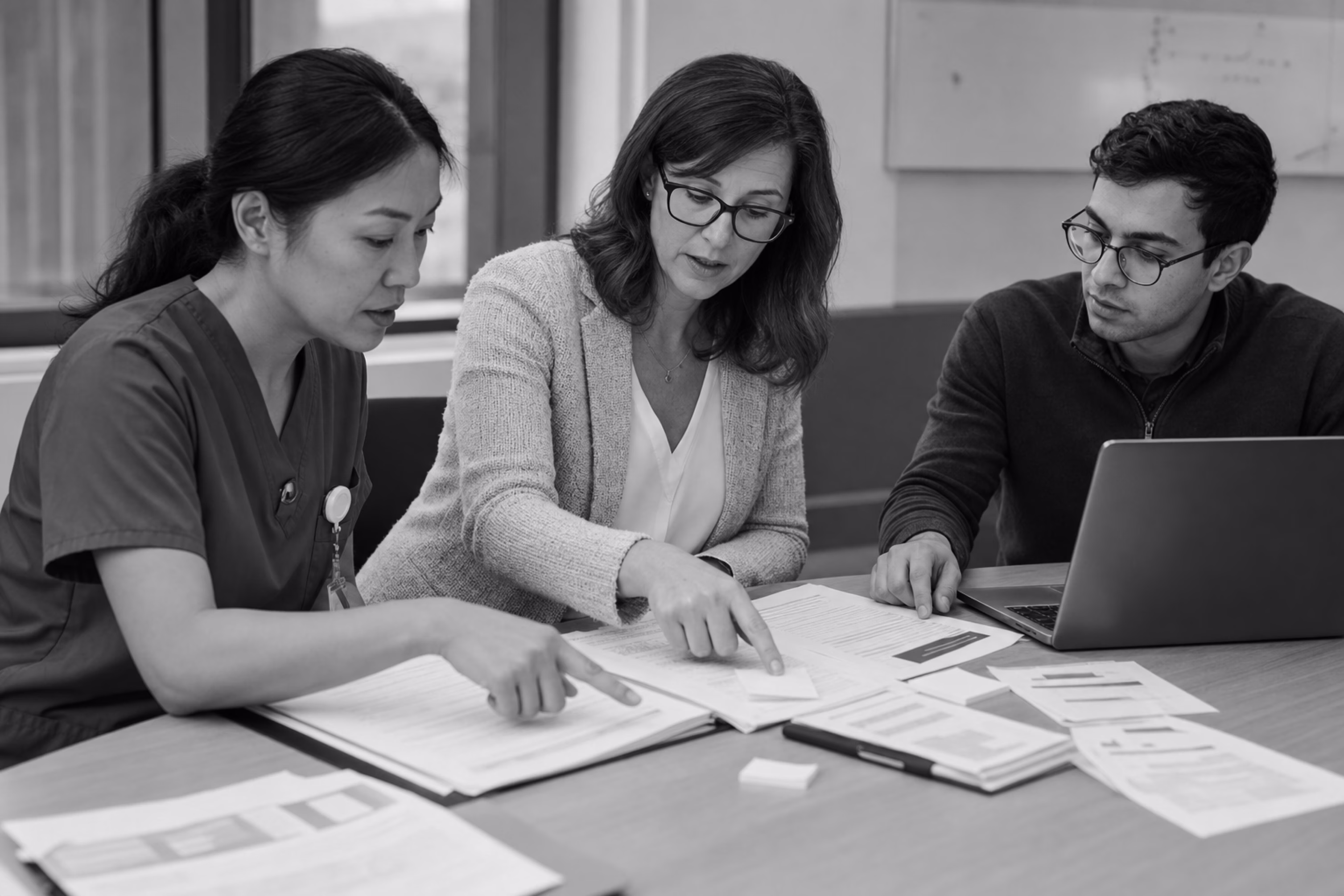 Three healthcare team members reviewing intake documents and data together.