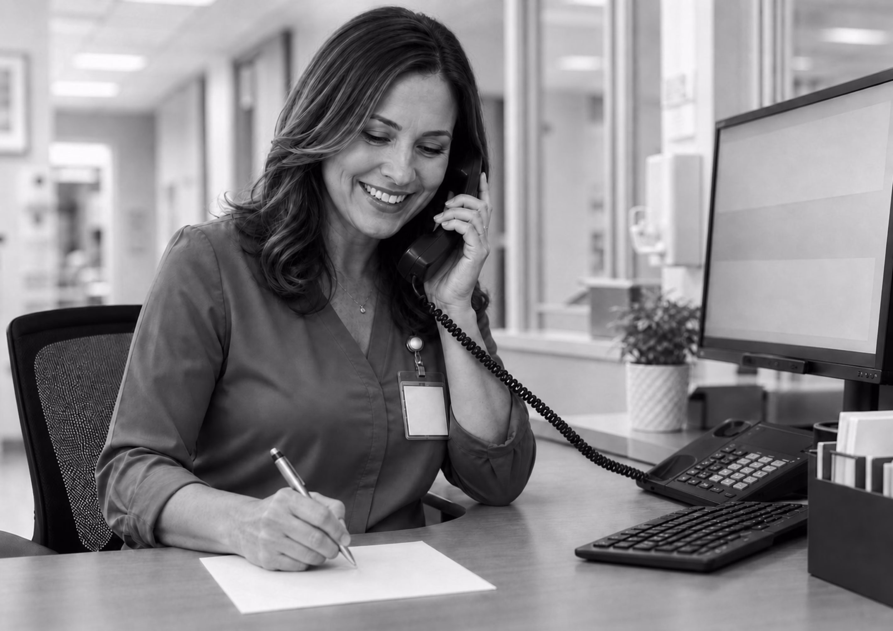Healthcare professional speaking on the phone and taking notes at a clinical workstation.