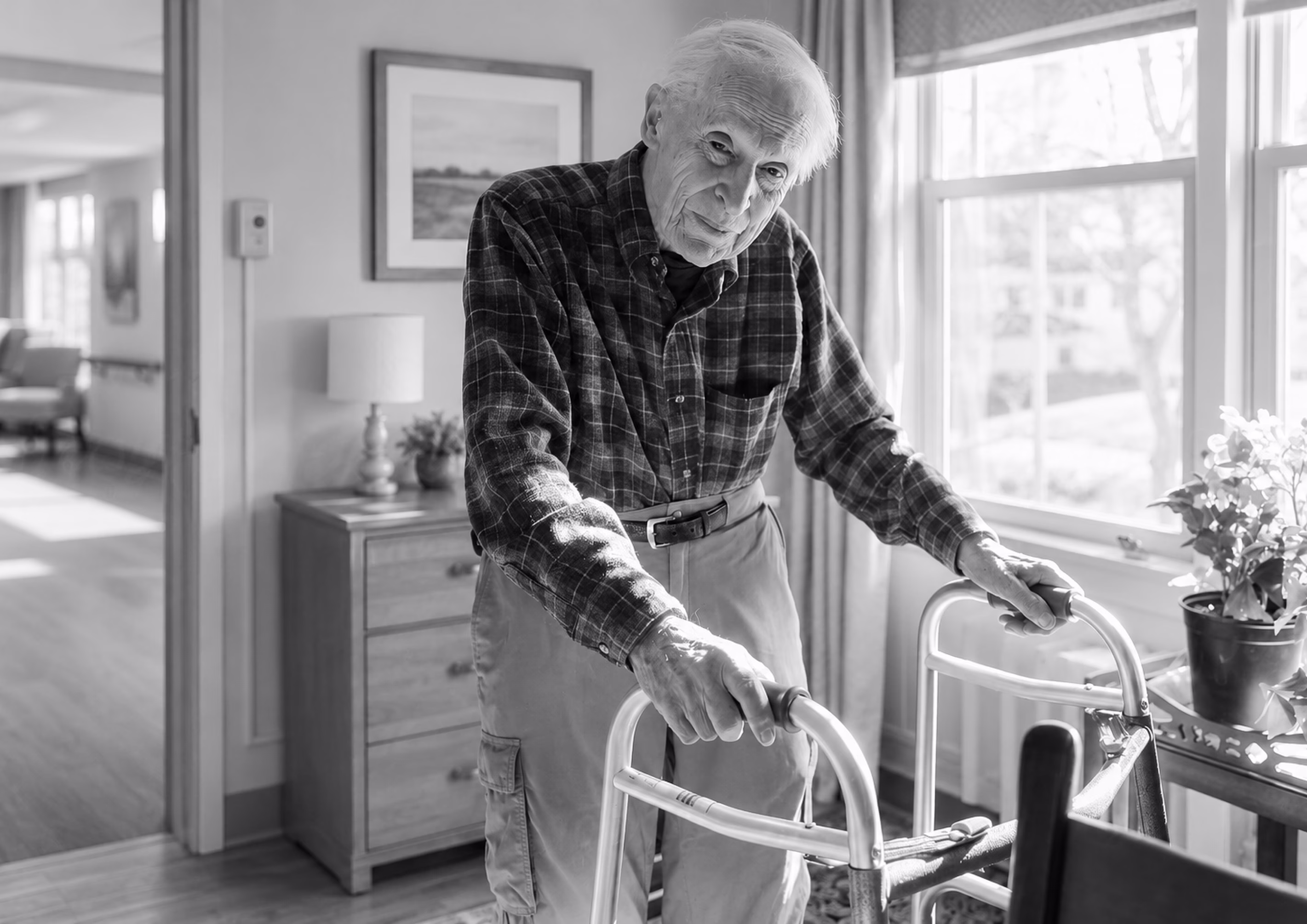Older man using a walker in a skilled nursing facility room.