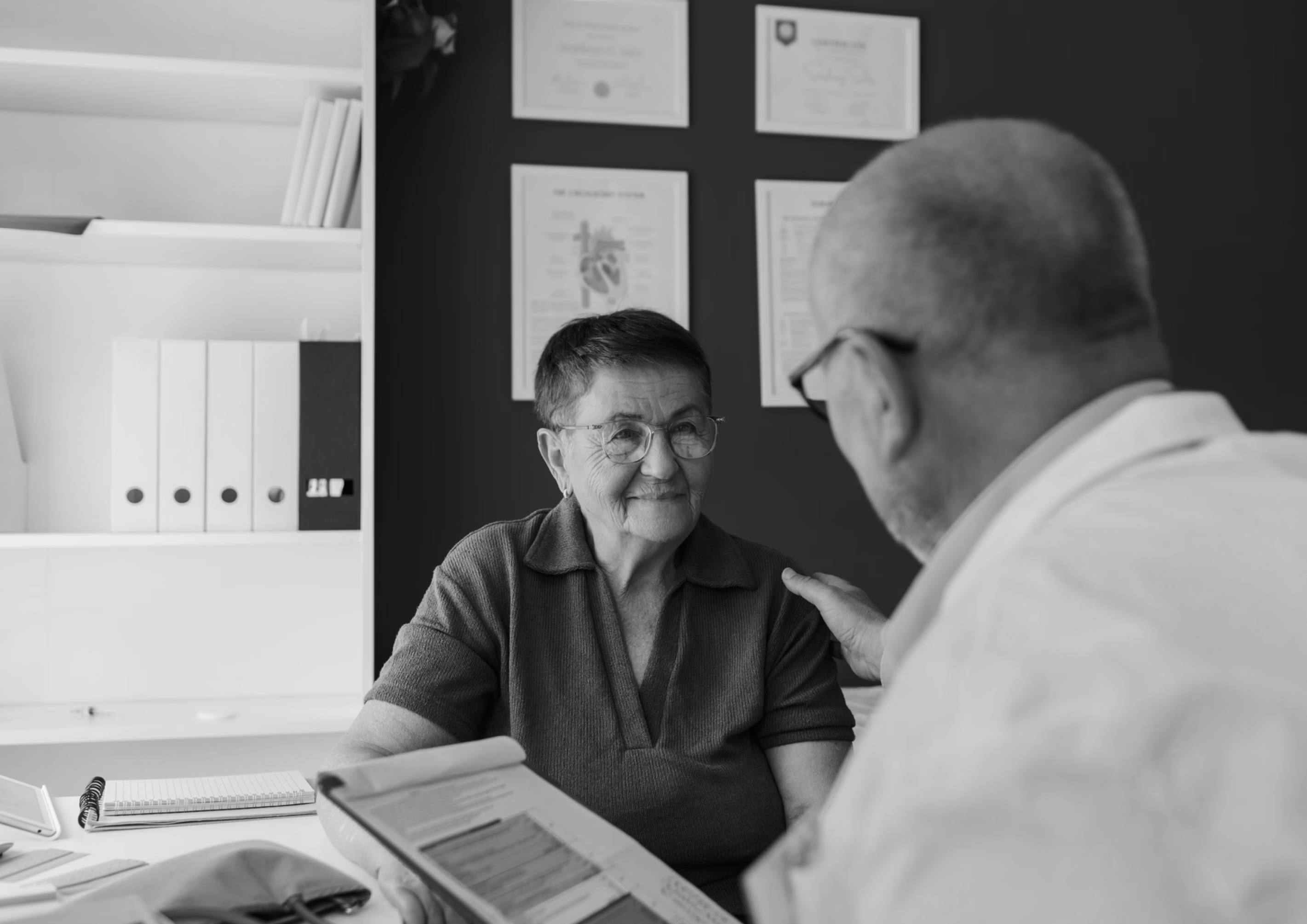 Healthcare leader meeting with a physician across an office desk.