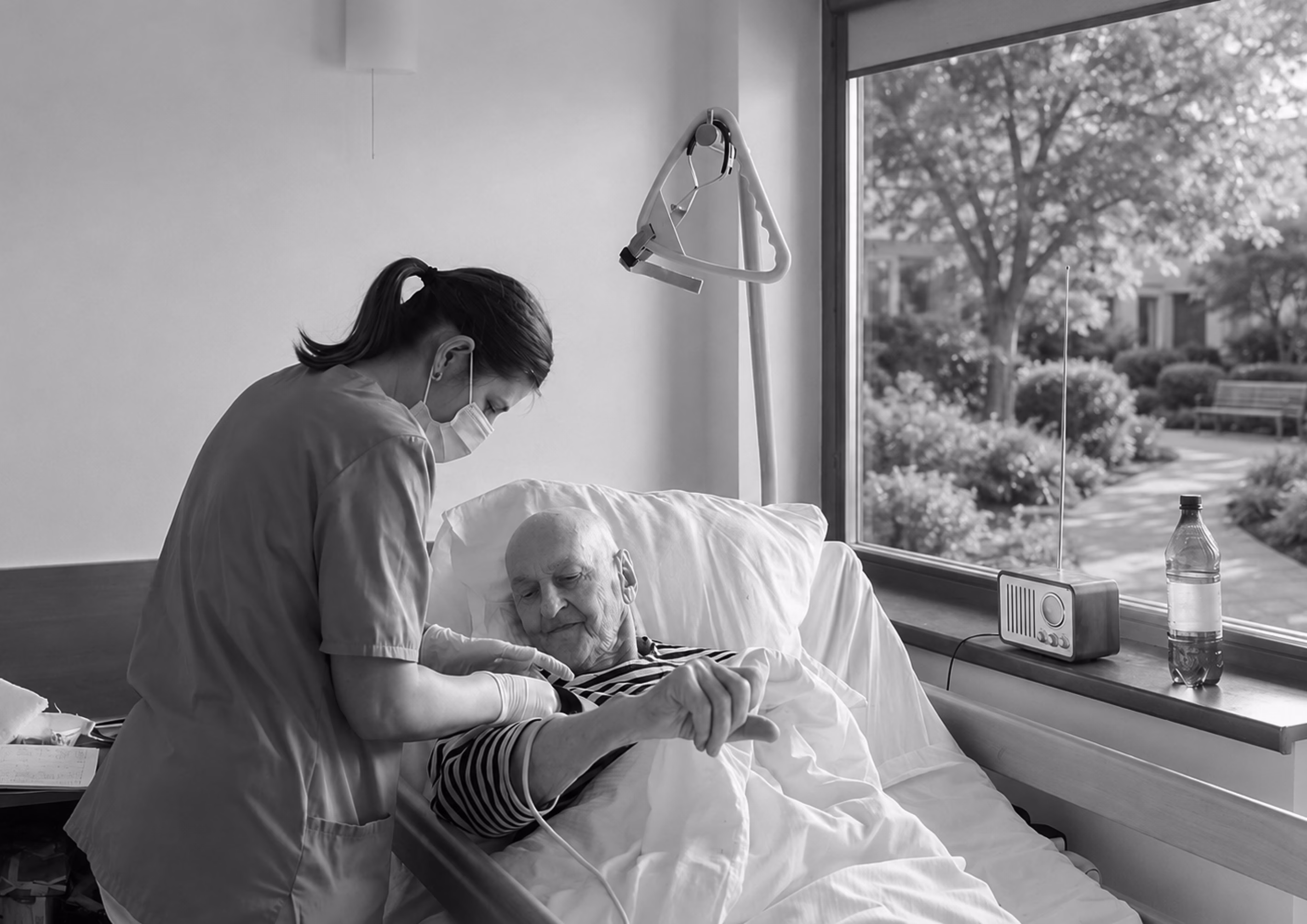 Skilled nursing professional assisting an older patient in bed.